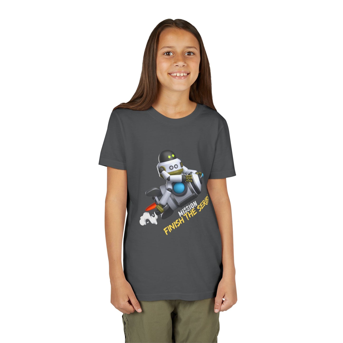 Girl wearing a gray t-shirt with a robot riding a rocket and text 'Mission Finish The Series'