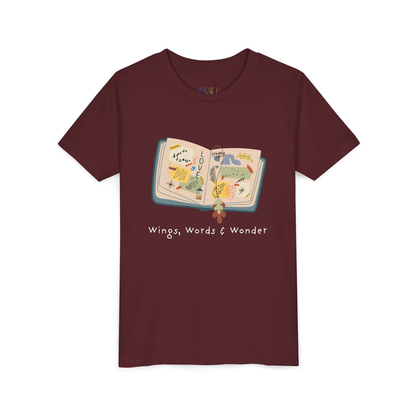 Maroon t-shirt with an open scrap book  and text 'Wings, Words & Wonder' 