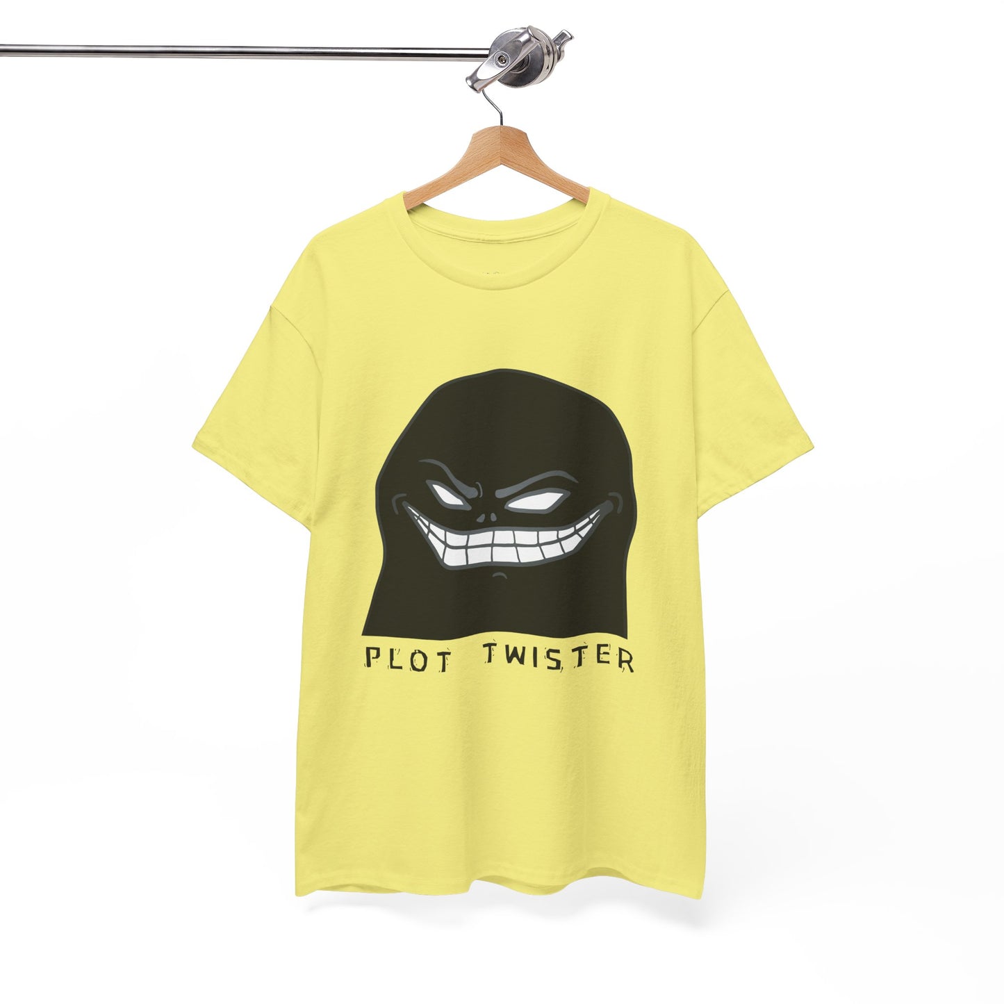 Yellow t-shirt with a sinister character and text 'Plot Twister' on a hanger against a white background