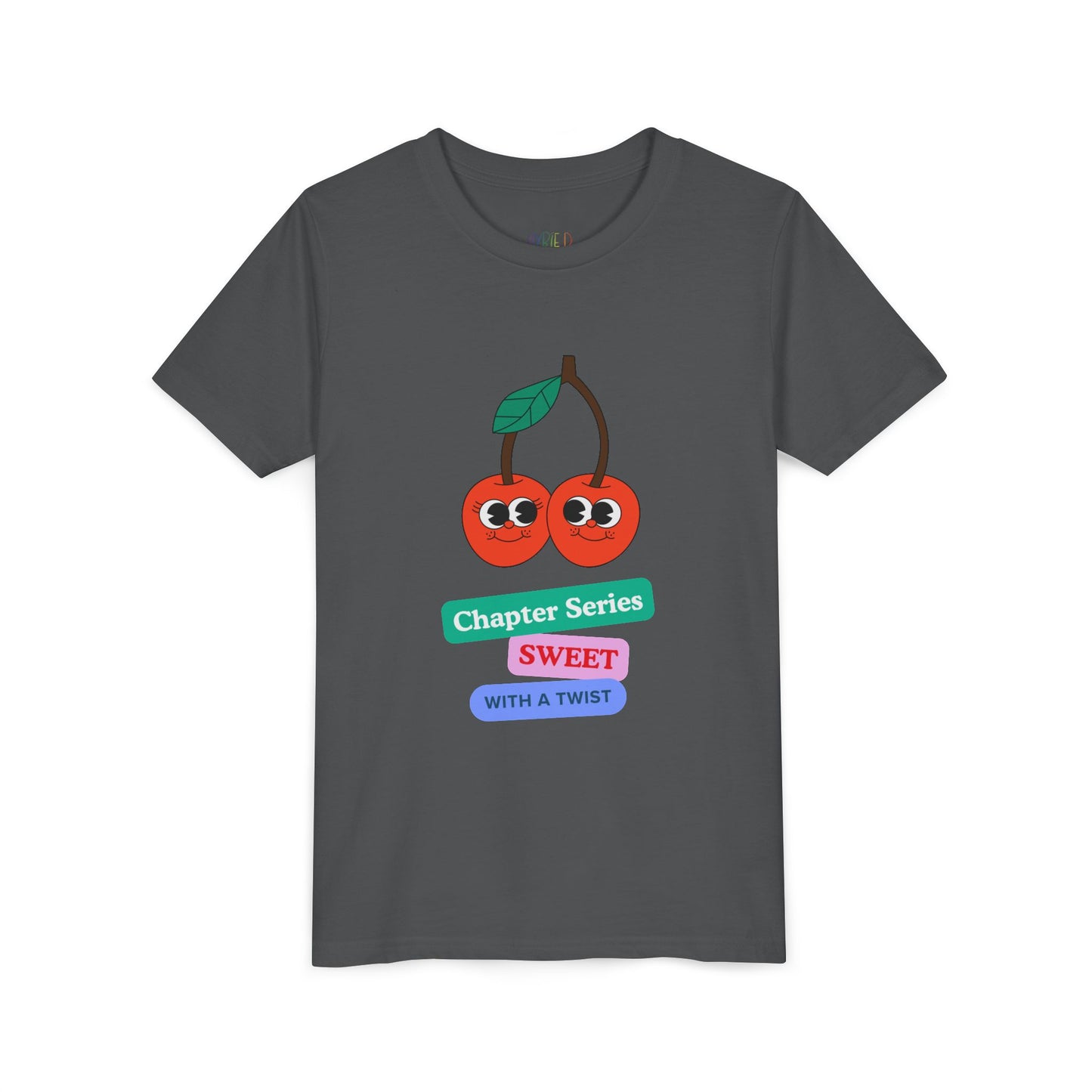 Gray t-shirt with a smiling cherry graphic and text 'Chapter Series SWEET With A Twist'