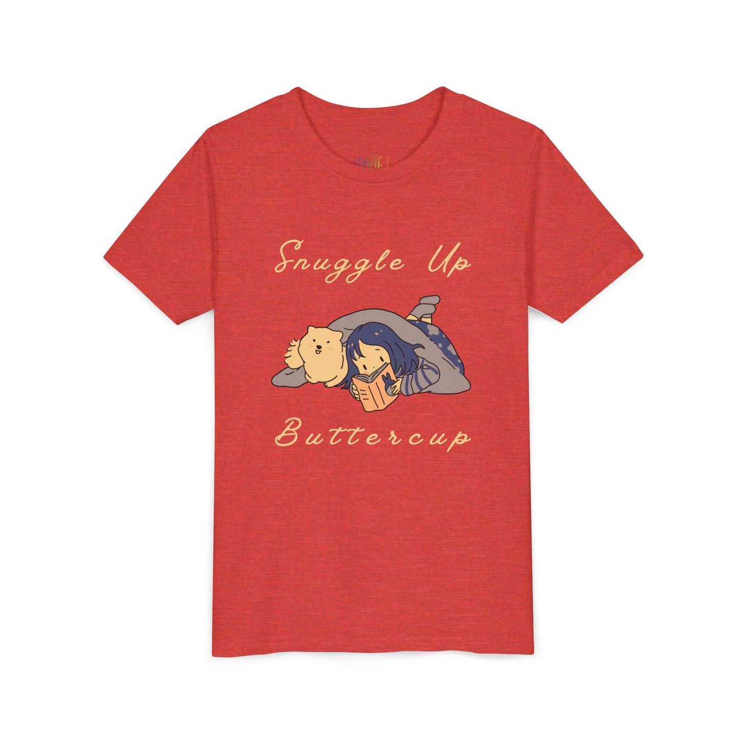 Red t-shirt with cartoon design of a girl and her dog reading a book under a blanket and text 'Snuggle Up Buttercup' 
