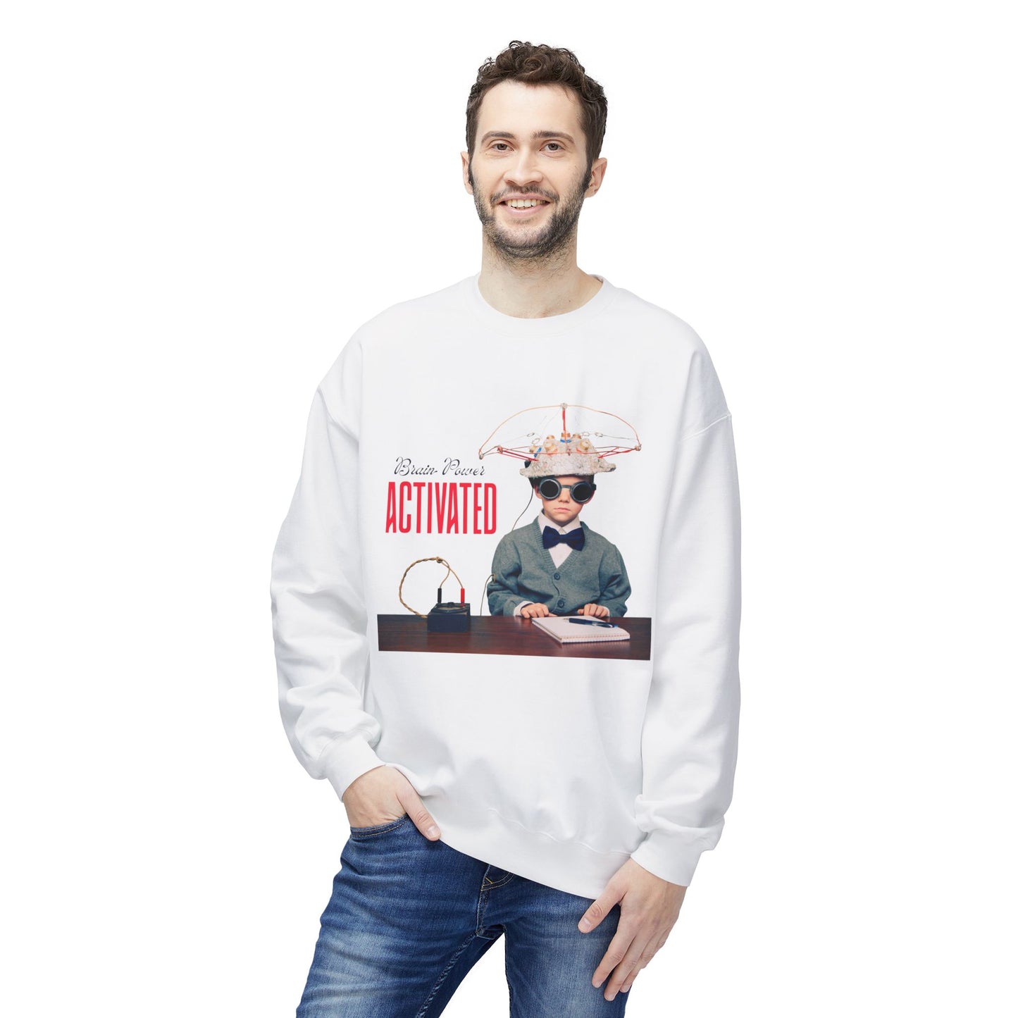 Man wearing a white sweatshirt with a curious kid inventor and text 'Brain Power ACTIVATED'
