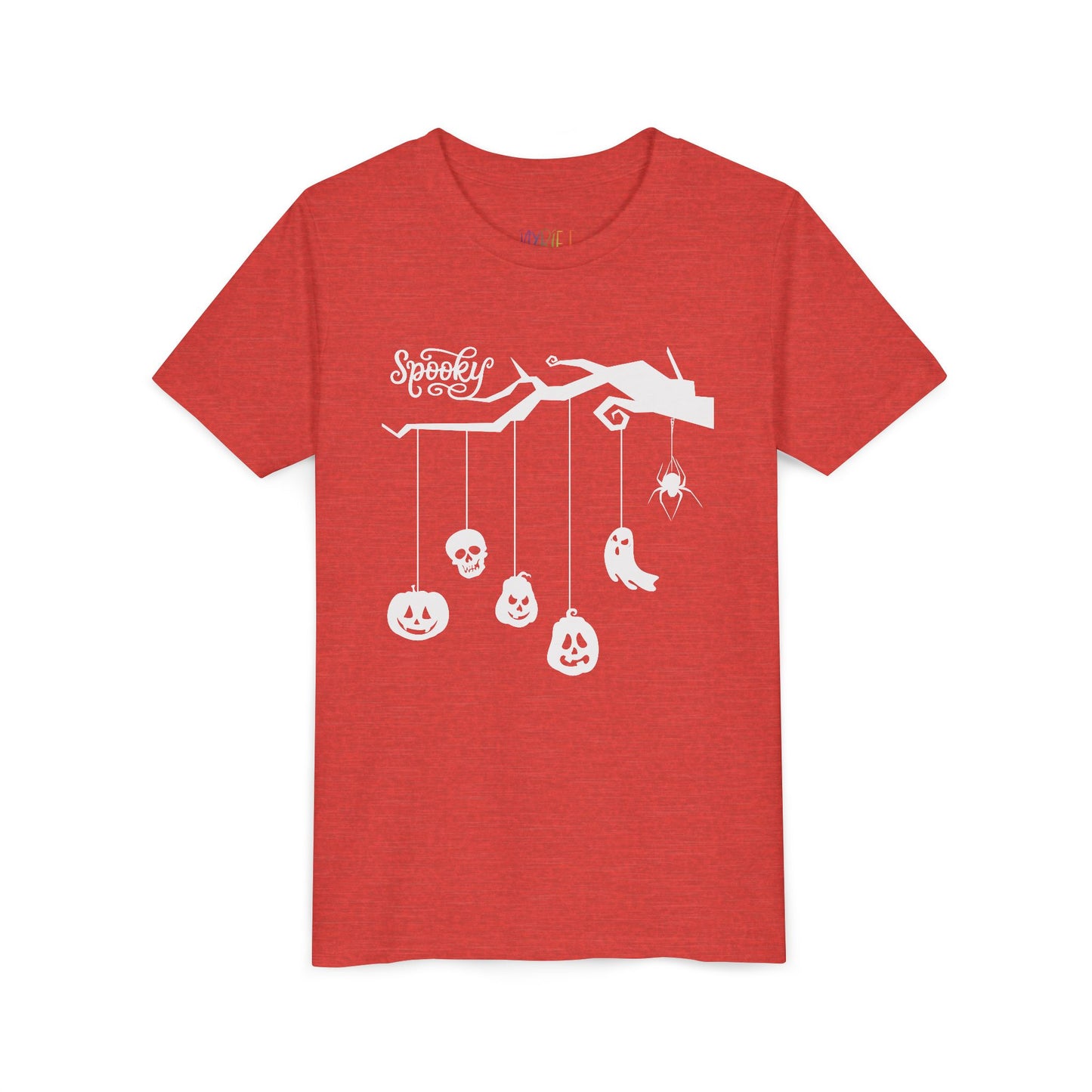 Red t-shirt with Halloween-themed three limb and hanging spooky charms