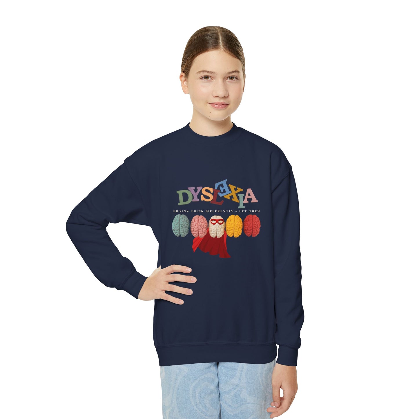 Girl wearing a navy blue sweatshirt with colorful brains and 'DYSEXYA' text