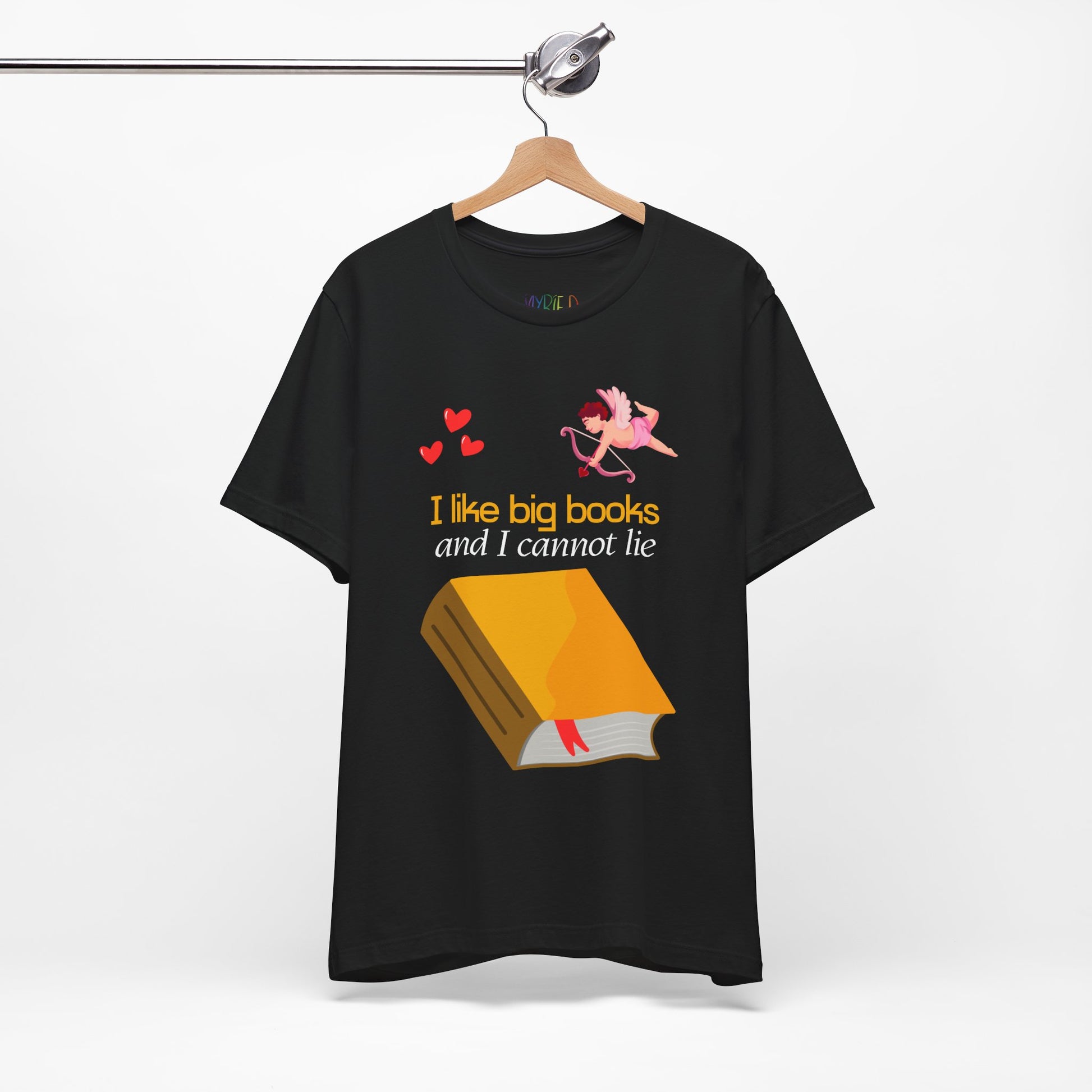 Black t-shirt with a cupid pointing an arrow at a large book and the words "I like big books and I cannot lie"