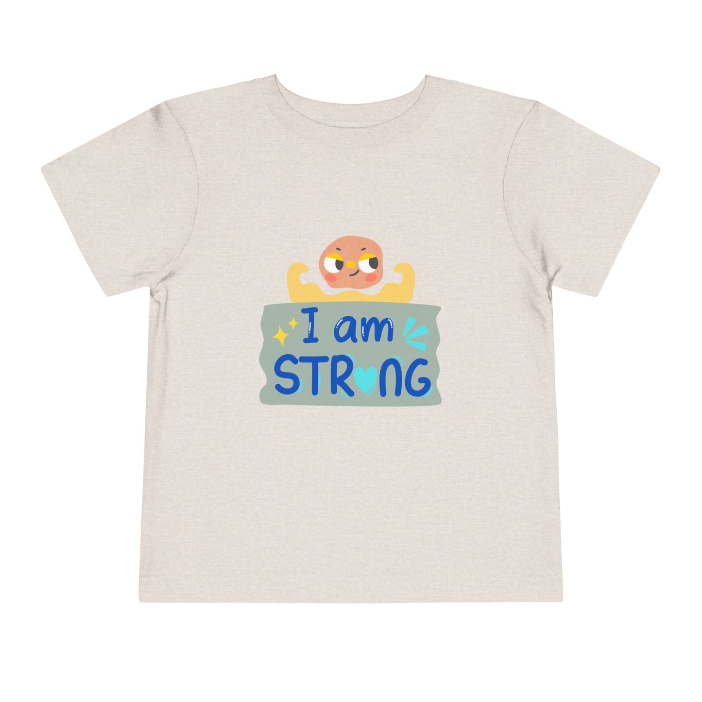 Tan toddler t-shirt with a cartoon character showing its arm muscles and 'I am strong' text