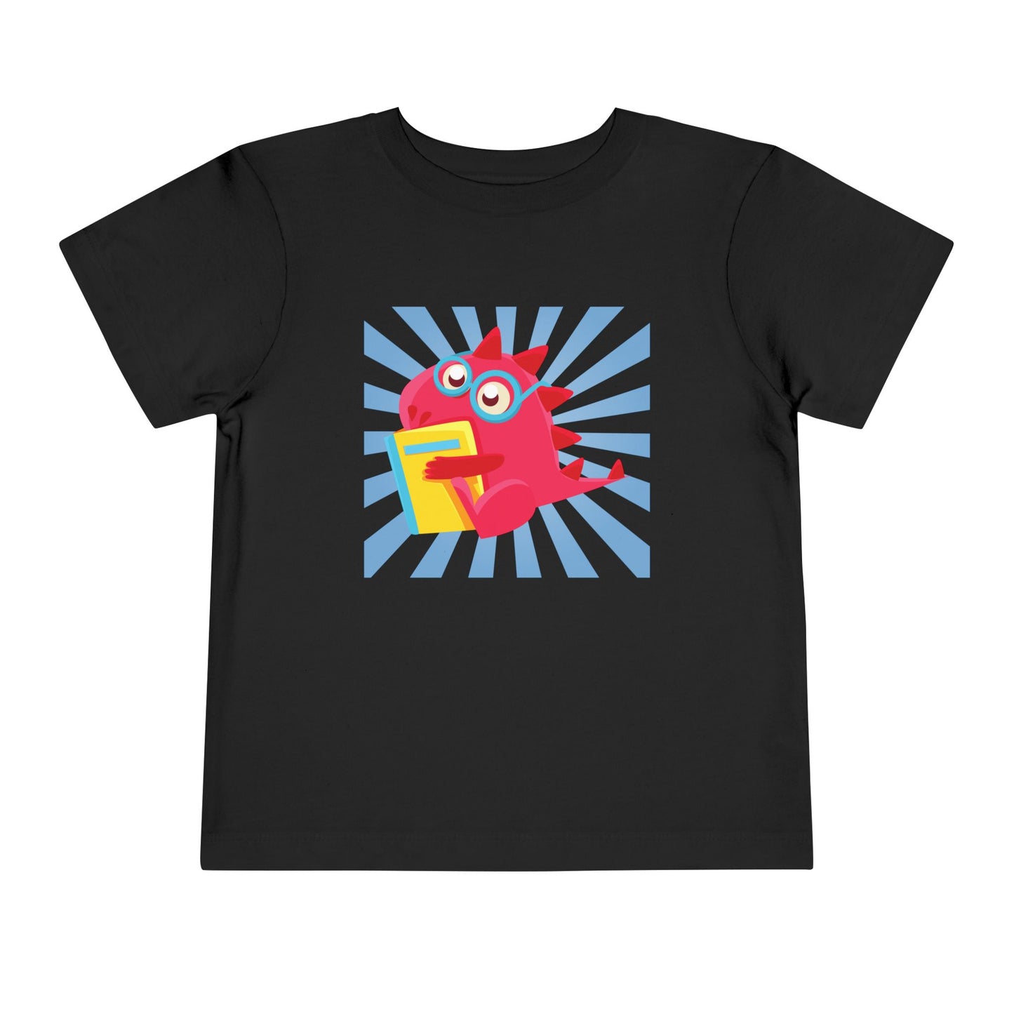Black t-shirt with a colorful cartoon dragon hugging a book and a blue energy burst background 