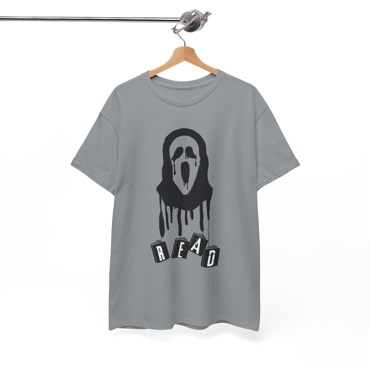 Gray t-shirt with a white graphic of the scream mask with dangling books that spell out 'READ' on a hanger against a white background