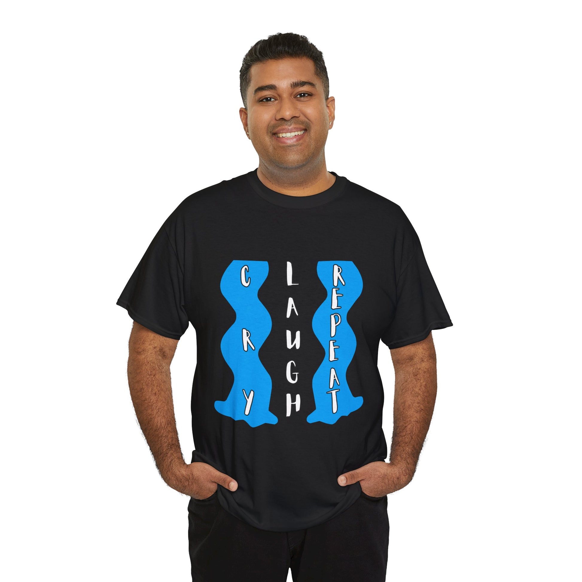 Man wearing a dark t-shirt with blue waterfalls of tears and vertical text 'Cry. Laugh. Repeat' 