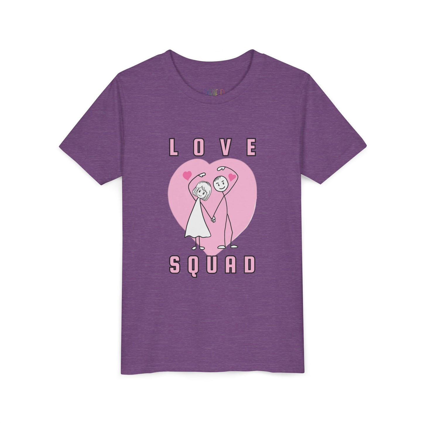 Light purple t-shirt with 'Love Squad' stick figure design, a large pink heart and text 'Love Squad' 