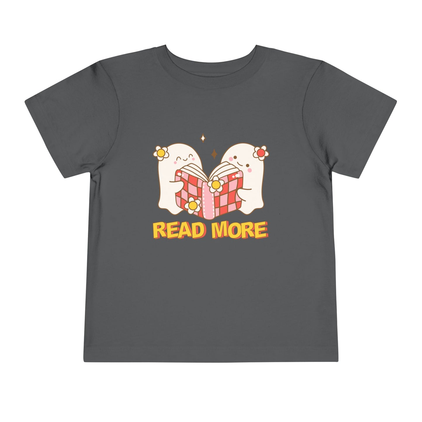 Gray t-shirt with cartoon ghosts reading a shared book and 'Read More' text 