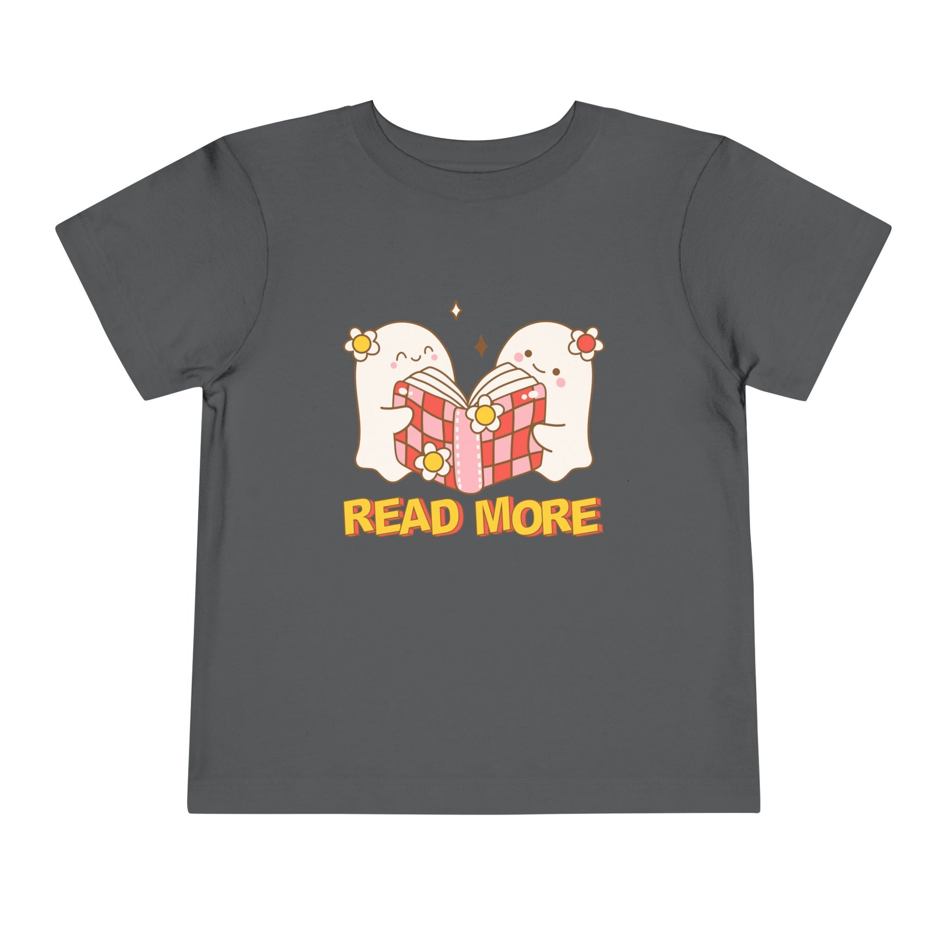 Gray t-shirt with cartoon ghosts reading a shared book and 'Read More' text 