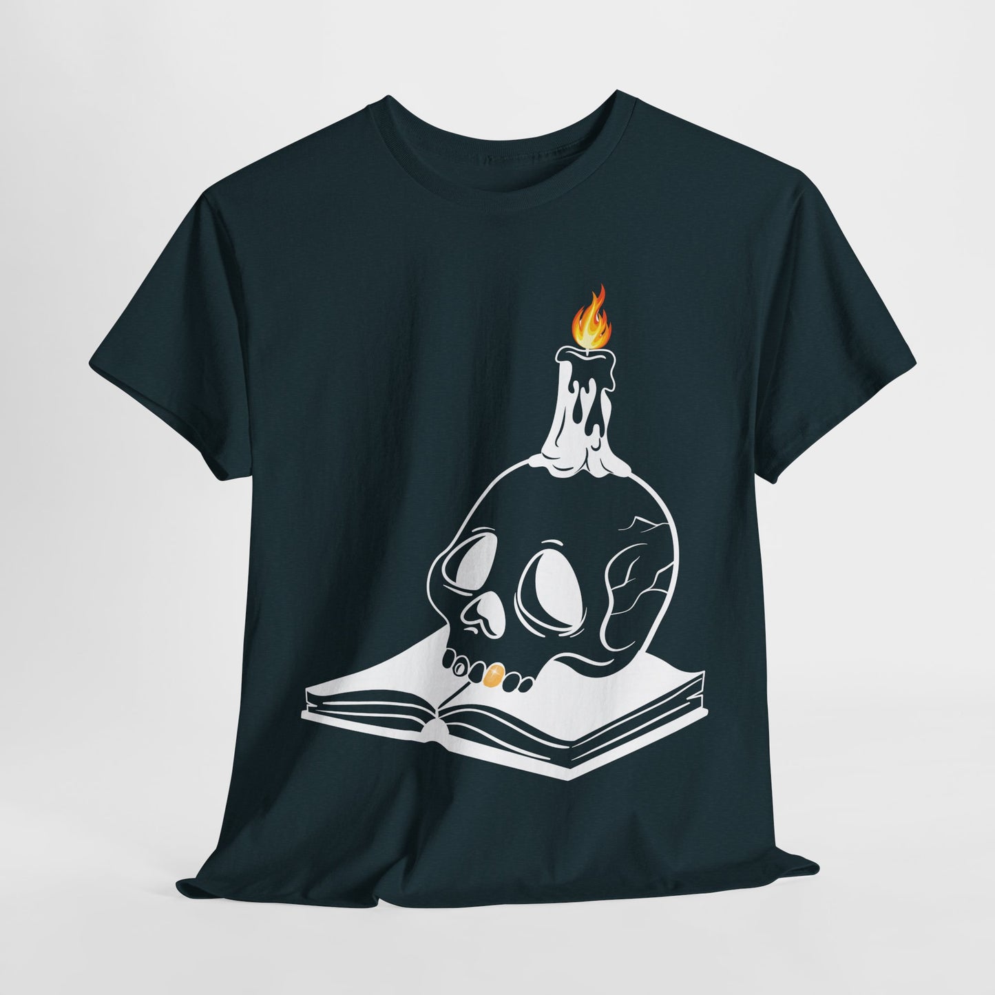 Teen/Adult Unisex Skull Candle & Book T-Shirt – Gothic Horror Reader Graphic Tee