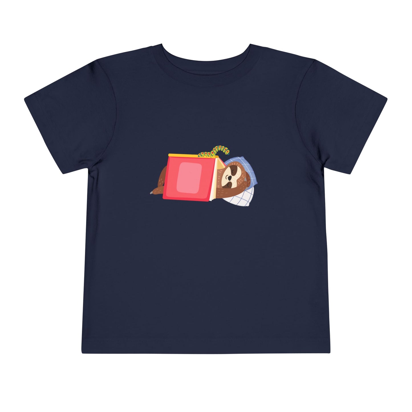 Navy blue toddler t-shirt featuring a book work looking at a sleeping sloth under a book
