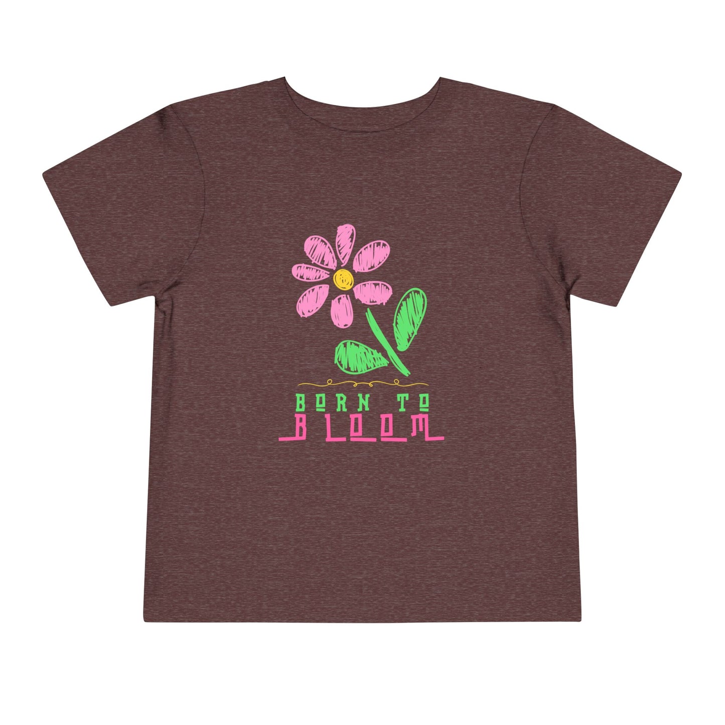 Maroon t-shirt with a sketched pink flower and 'Born to Bloom' text 