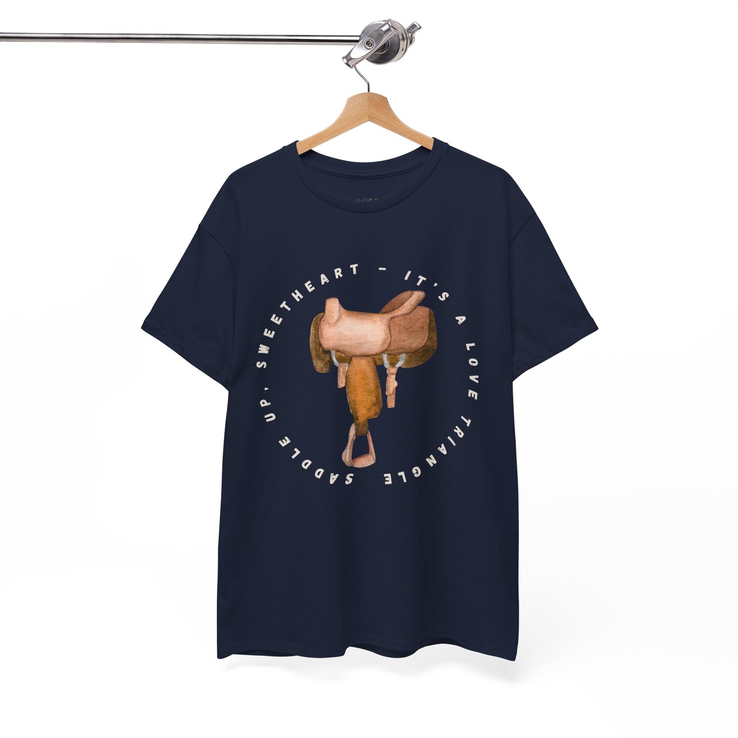 Navy t-shirt with a saddle graphic and text 'Saddle Up Sweetheart - It's a Love Triangle'