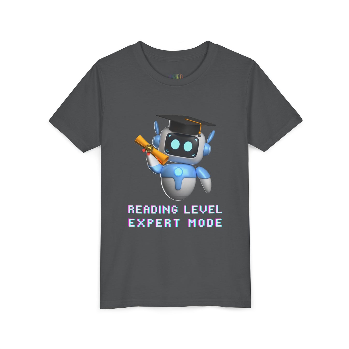 Gray t-shirt with a robot graduate and text 'Reading Level Expert Mode' 