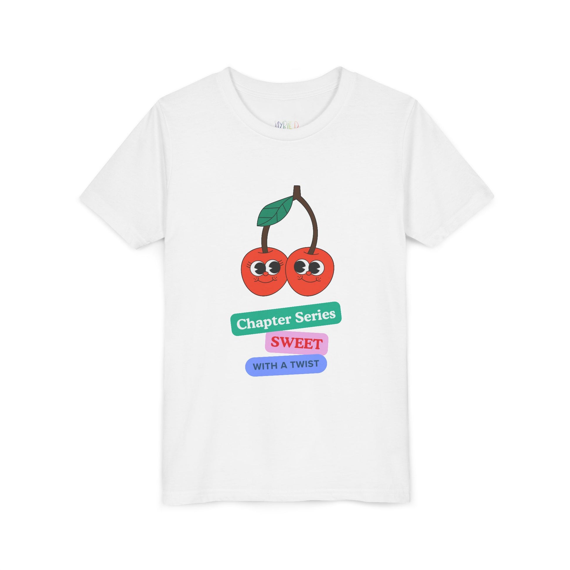 White t-shirt with a smiling cherry graphic and text 'Chapter Series SWEET With A Twist'