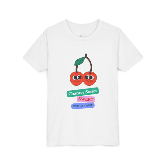 White t-shirt with a smiling cherry graphic and text 'Chapter Series SWEET With A Twist'