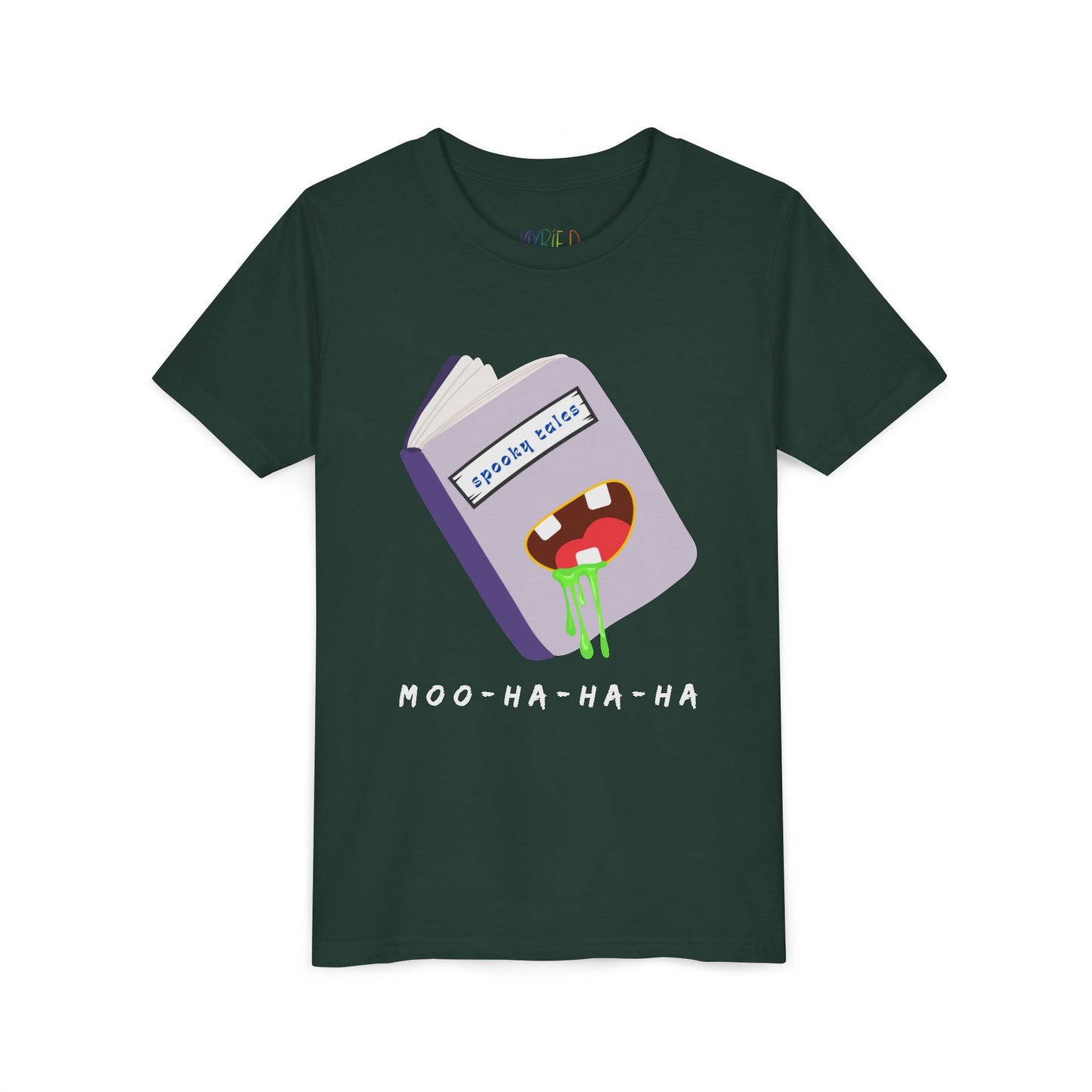 Dark green t-shirt with a graphic design of a book titled 'Spooky Tales' and a green drooling mouth on the cover, text 'Moo-Ha-Ha-Ha' at the bottom