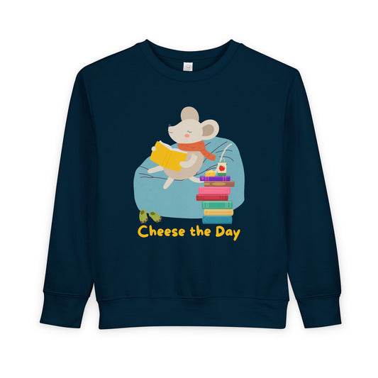 Toddler Cheese the Day Sweatshirt – Adorable Mouse Reading Crewneck for Little Bookworms