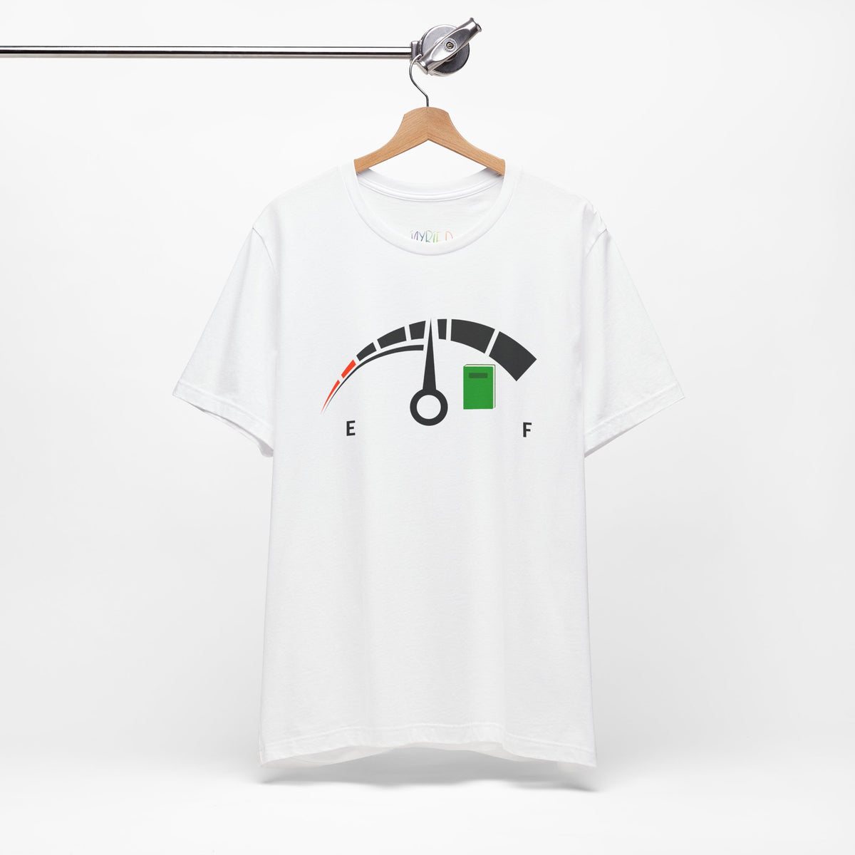 White t-shirt of a fuel gage ranging from empty to full with a book near the full.