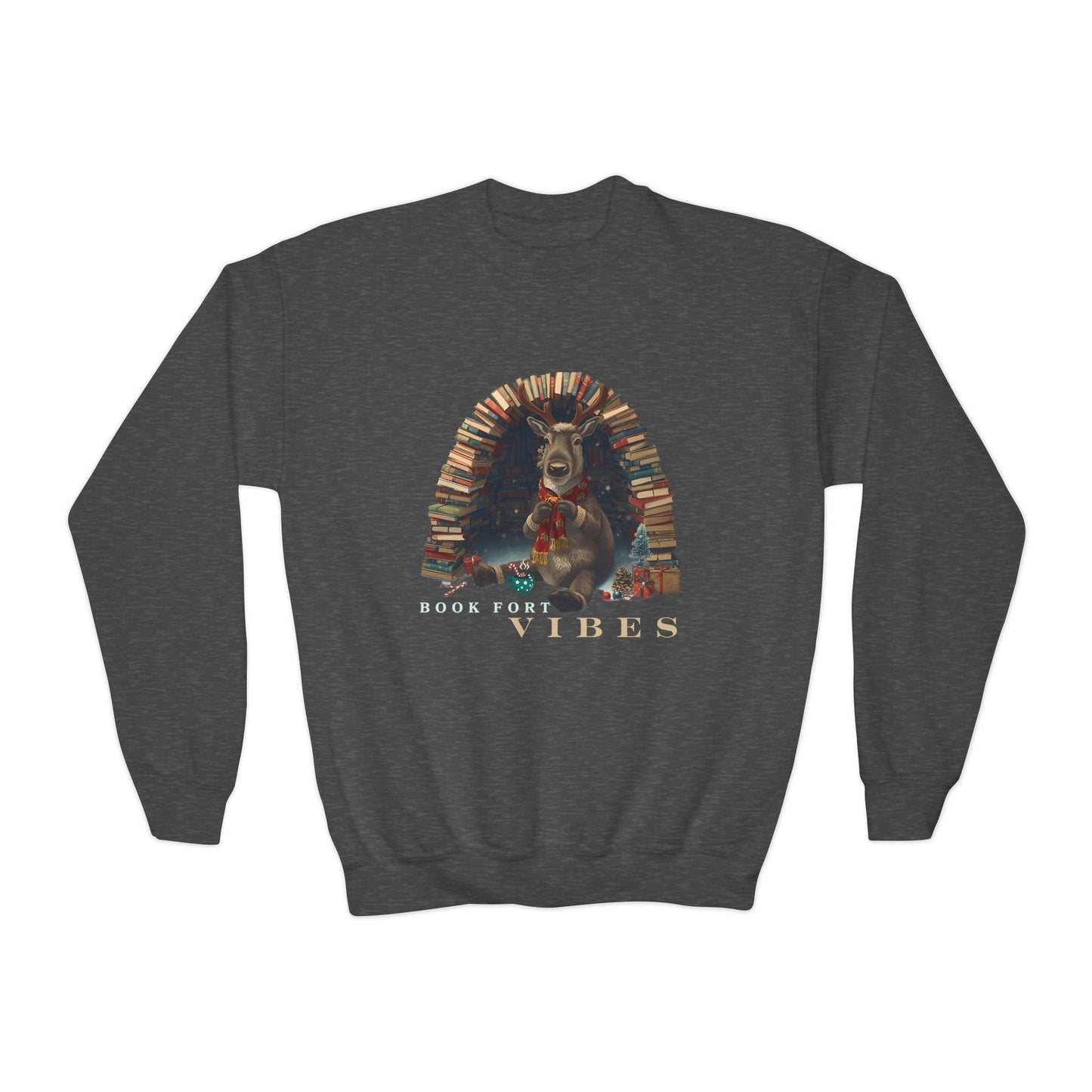 Youth Book Fort Vibes Sweatshirt â€“ Cozy Reindeer Reading Nook Design Printify