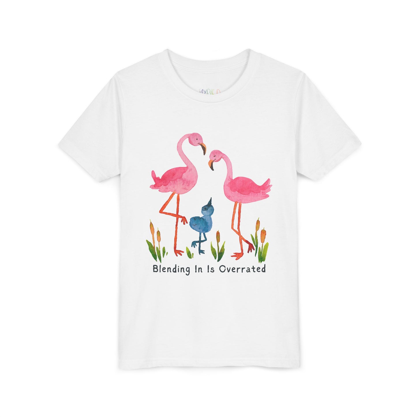 White t-shirt with a flamingo family and text 'Blending In Is Overrated' 
