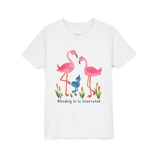 White t-shirt with a flamingo family and text 'Blending In Is Overrated' 