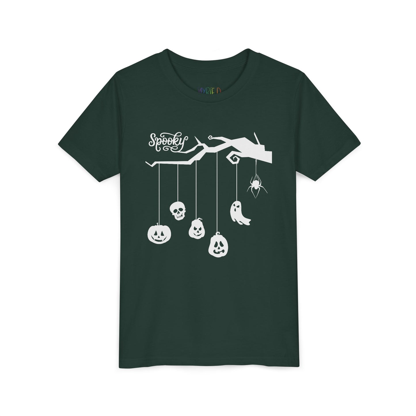 Dark green t-shirt with Halloween-themed three limb and hanging spooky charms