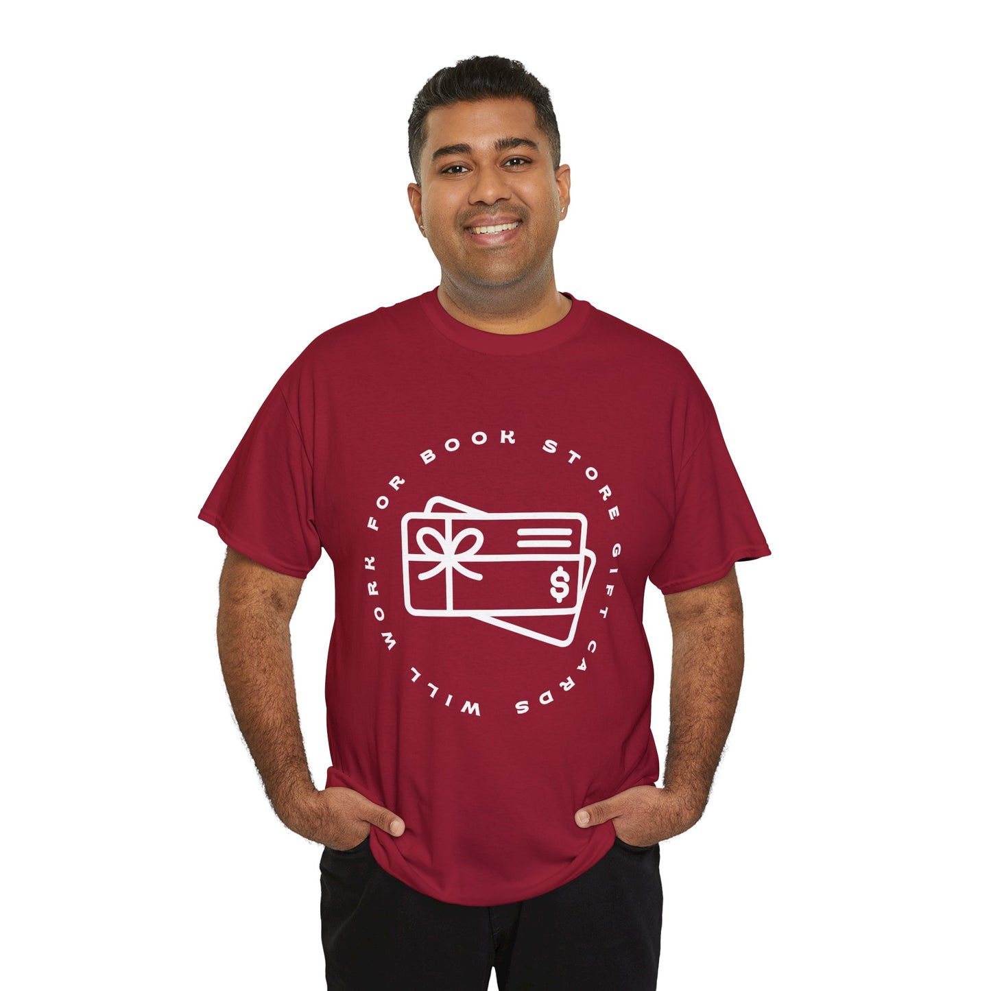 Man wearing a red t-shirt with a gift cards circled by text 'will work for book store gift cards' 