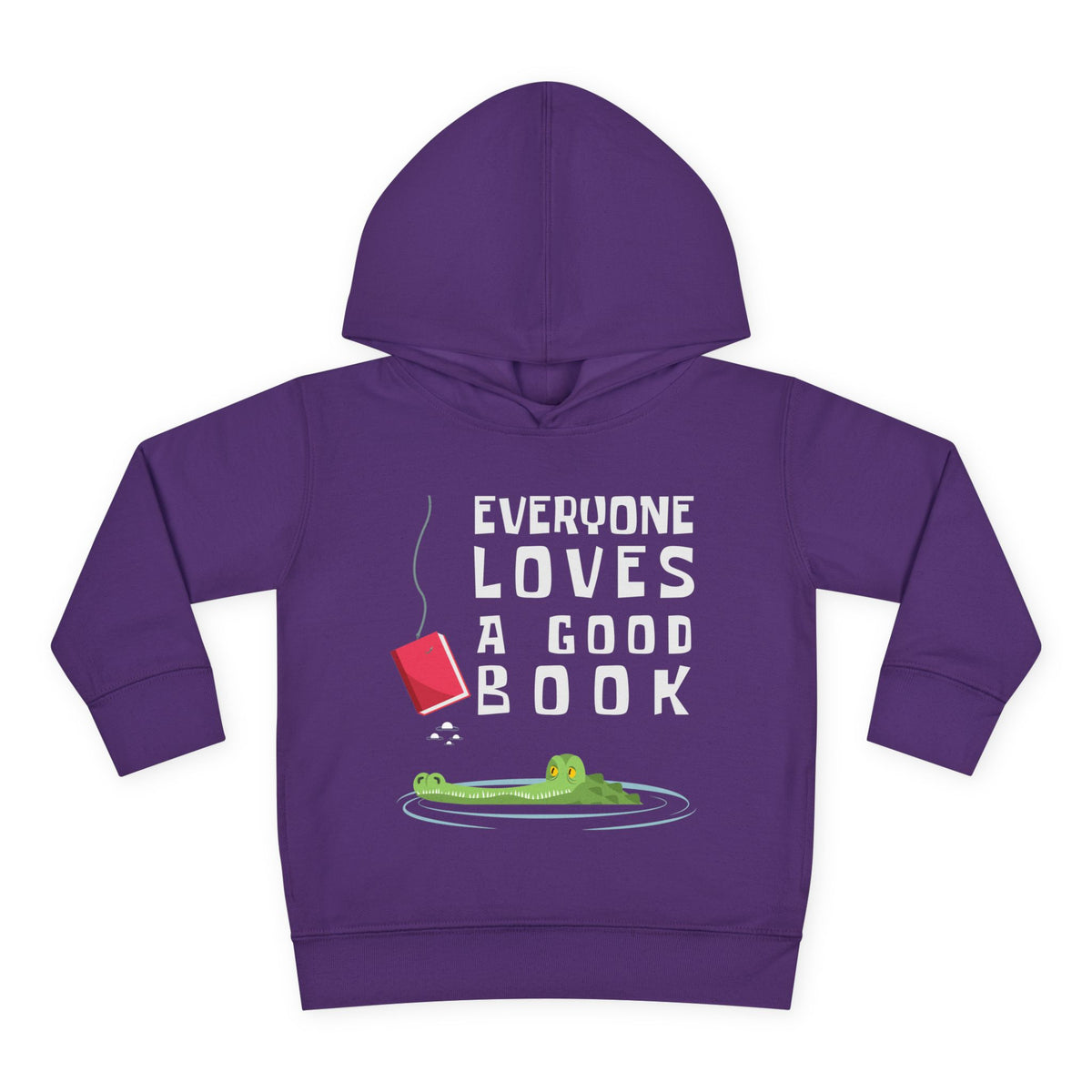 Purple toddler pullover hoodie with a graphic print on the front. The print features the text 'EVERYONE LOVES A GOOD BOOK' in white capital letters, accompanied by an illustration of a green alligator in a pool of water with a red book hanging above it, on a solid white background.