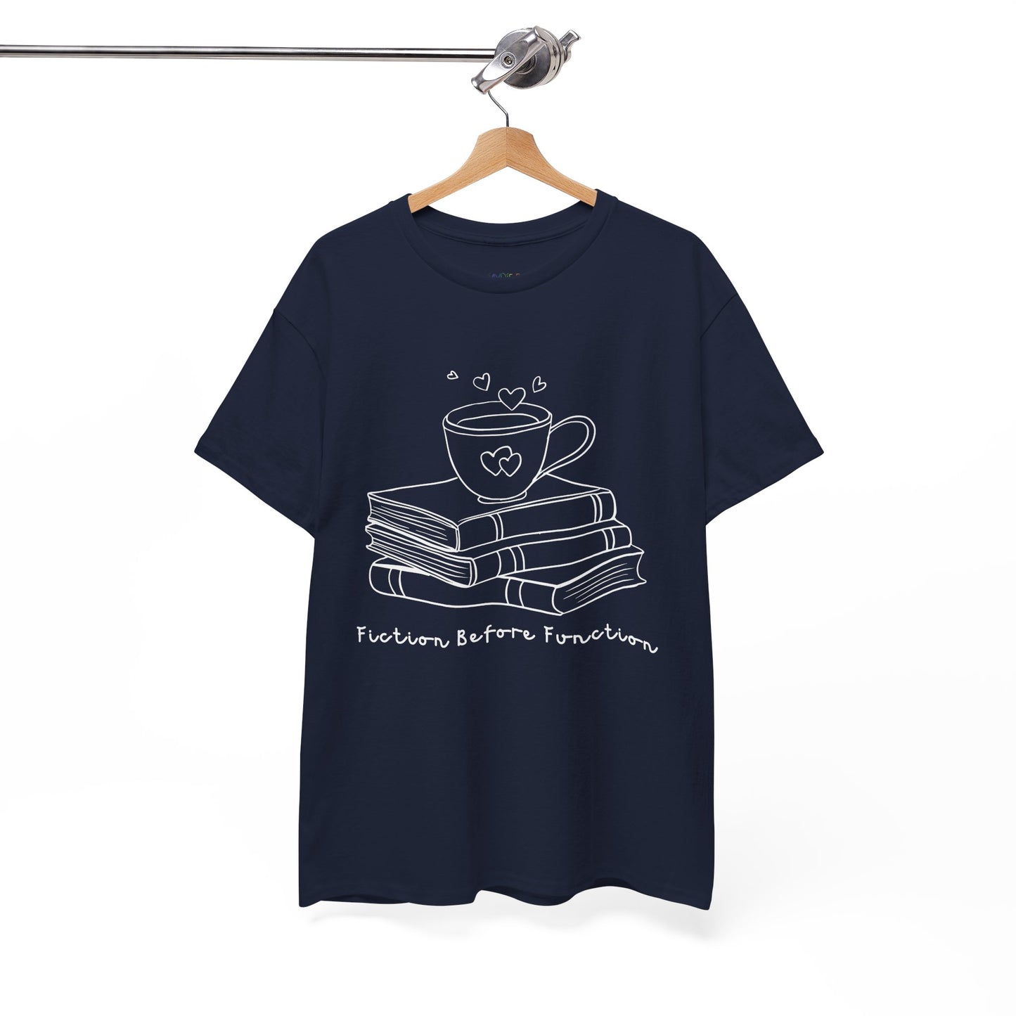 Dark blue t-shirt with white graphic design of hot beverage and a stack of books, text 'Fiction Before Function' 