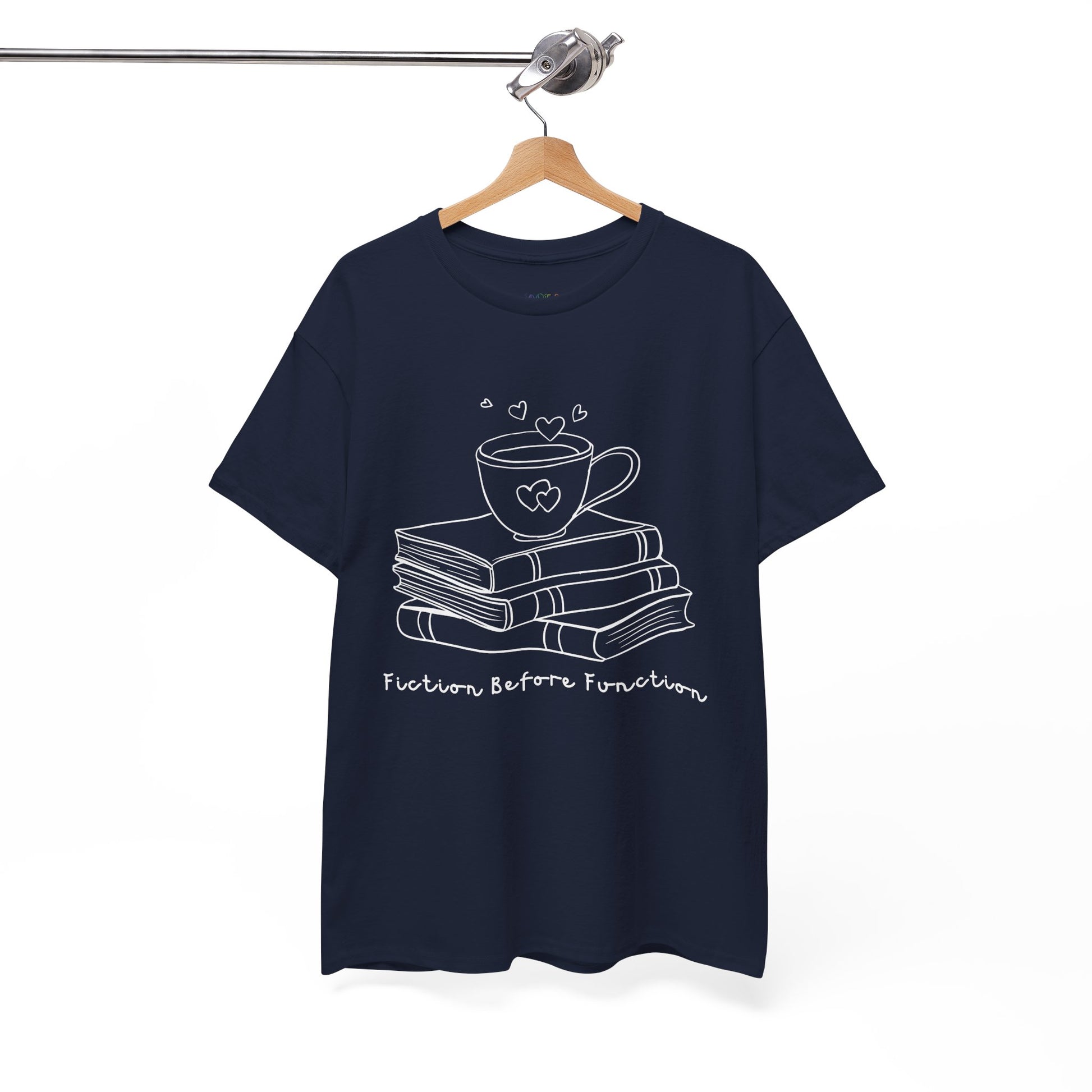 Dark blue t-shirt with white graphic design of hot beverage and a stack of books, text 'Fiction Before Function' 