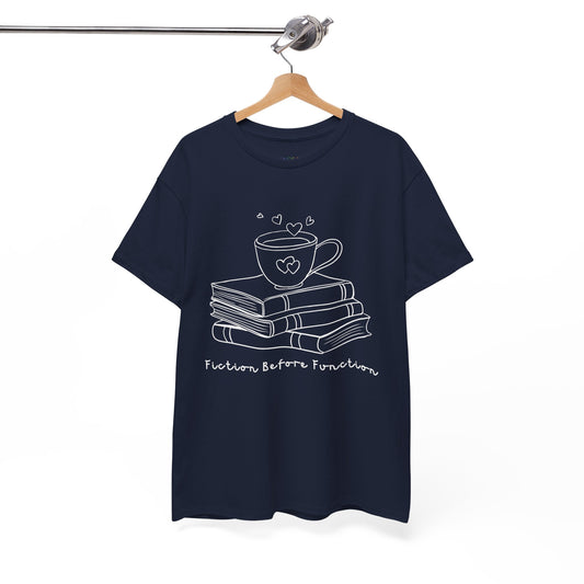 Dark blue t-shirt with white graphic design of hot beverage and a stack of books, text 'Fiction Before Function' 