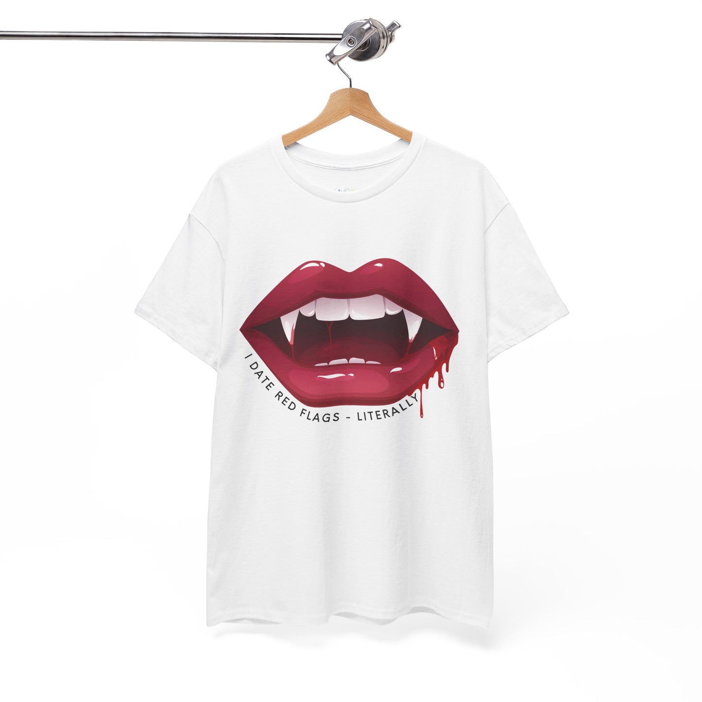 White t-shirt with graphic of red vampire teeth with blook dripping from the lips and text 'I Date Red Flags - Literally' 