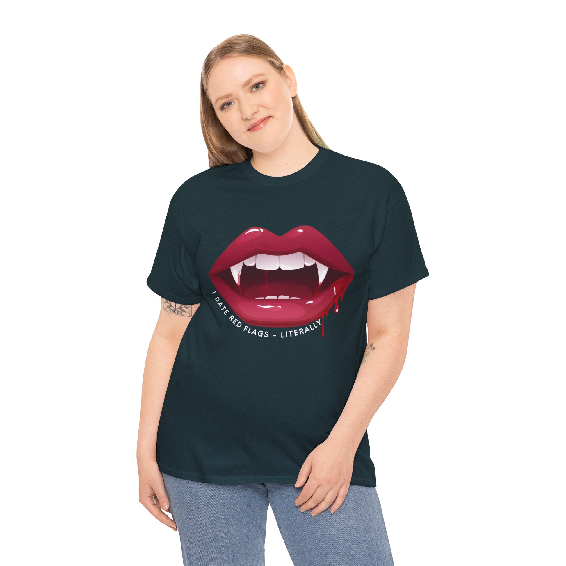 Woman wearing a dark t-shirt with graphic of red vampire teeth with blook dripping from the lips and text 'I Date Red Flags - Literally' 