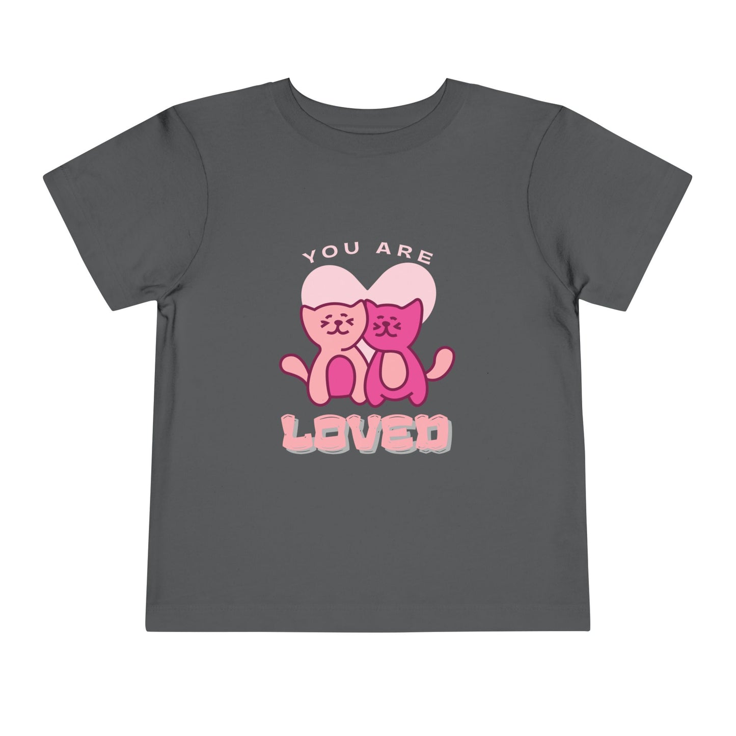 Gray toddler t-shirt with two pink cats and 'You are loved' text 