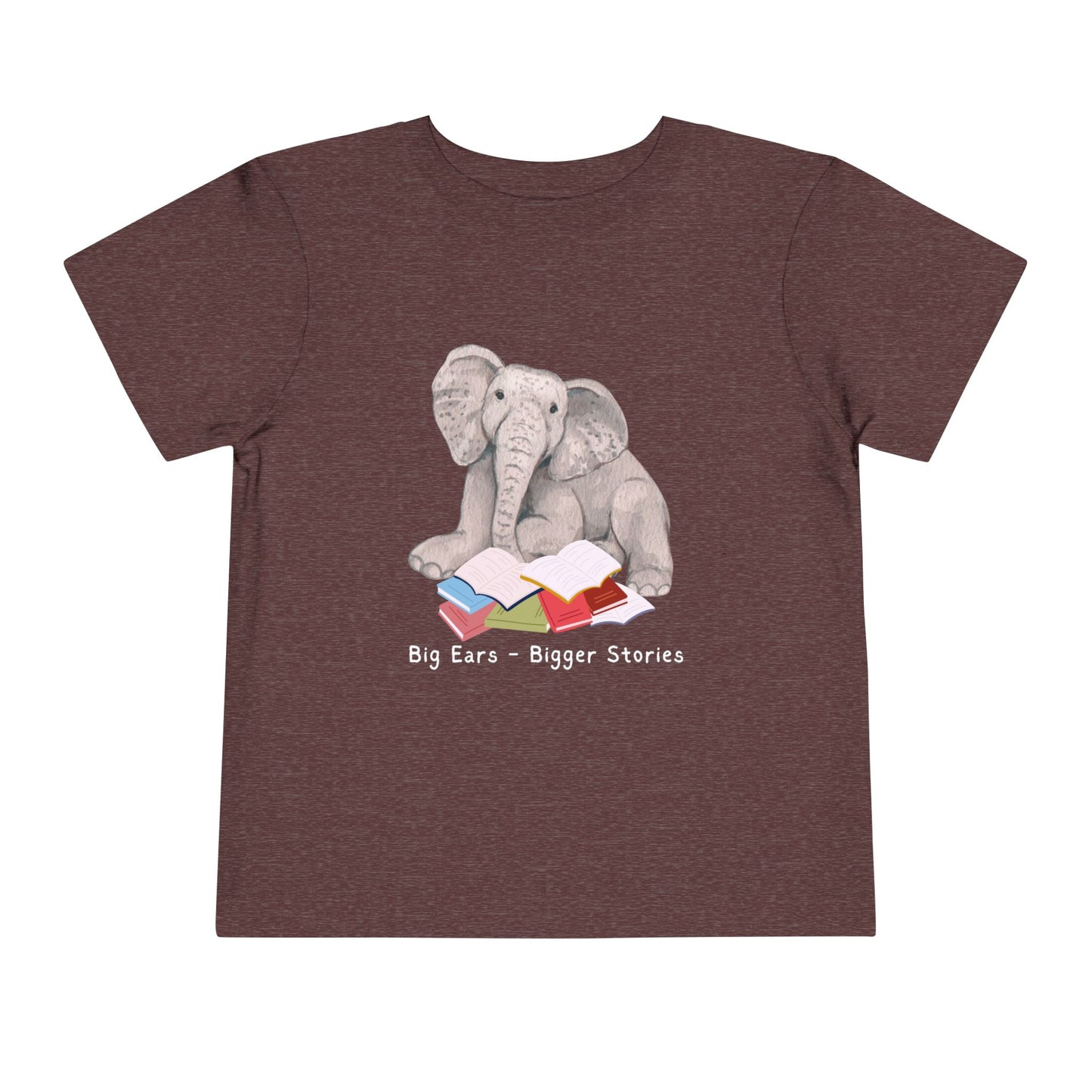 Maroon t-shirt with an elephant reading a stack of books and text 'Big Ears - Bigger Stories' 