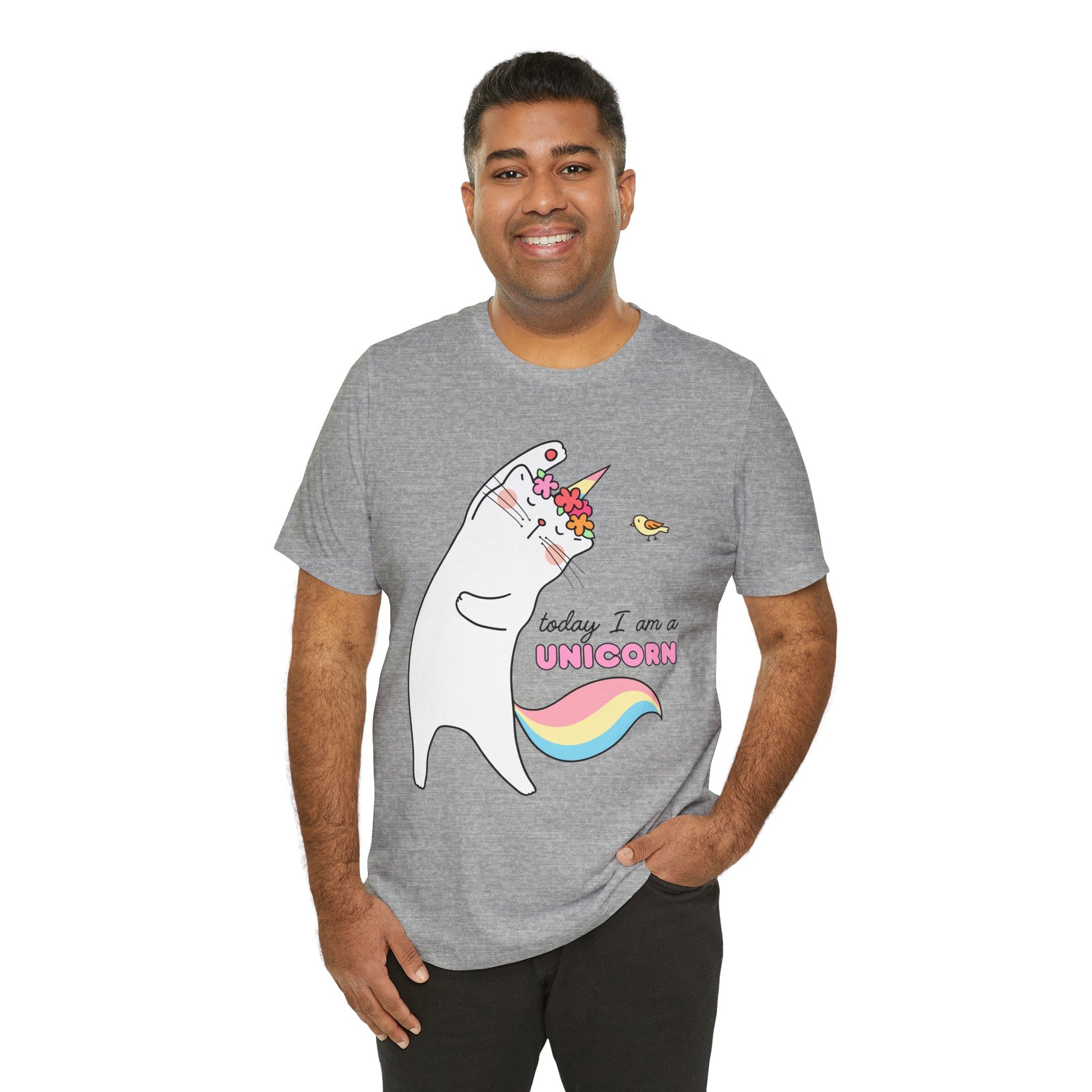Man wearing a gray t-shirt with a cat dressed as a unicorn, doing stretches and text 'Today I Am A Unicorn' 