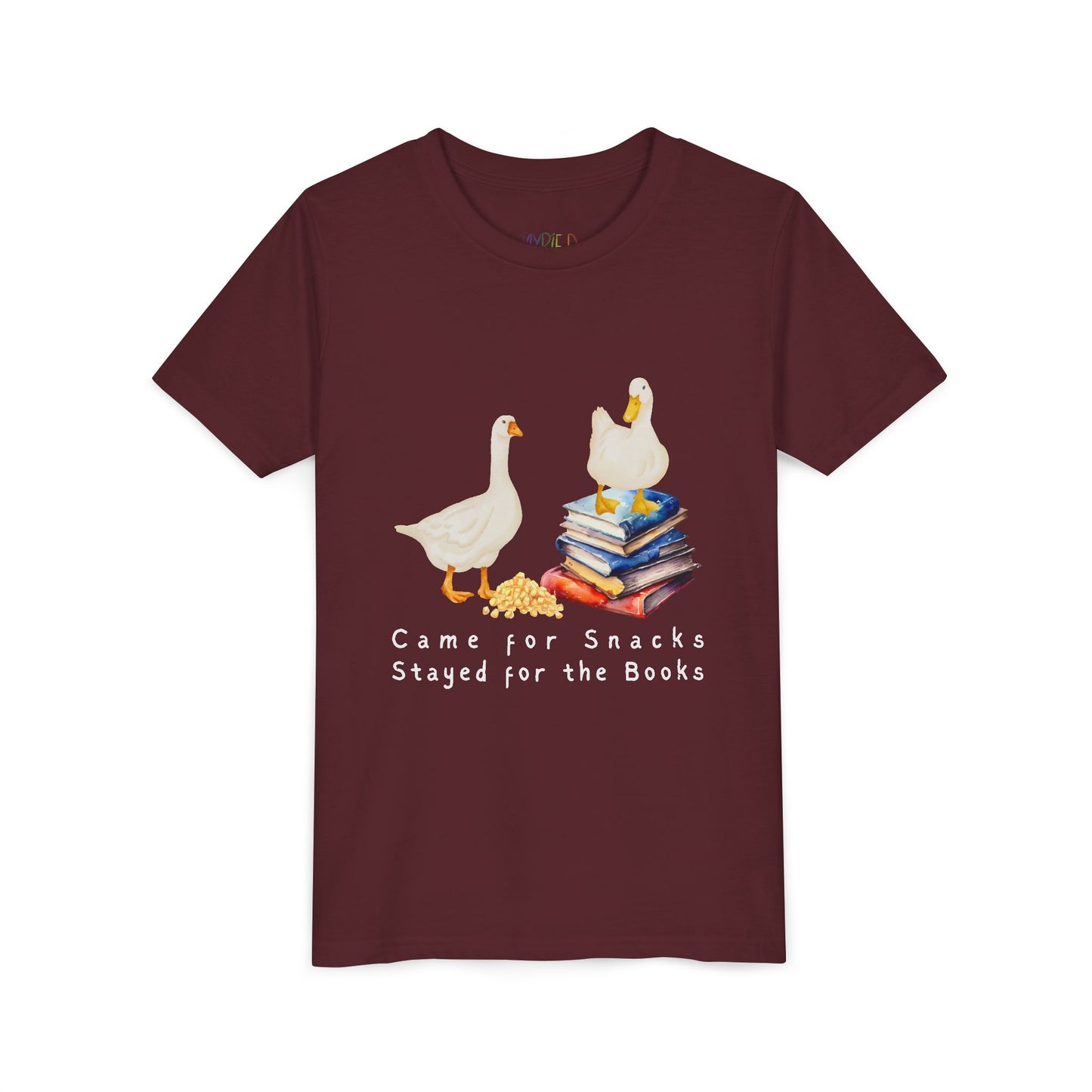 Maroon t-shirt with cartoon ducks, snacks, books and text 'Came For Snacks Stayed For The Books'