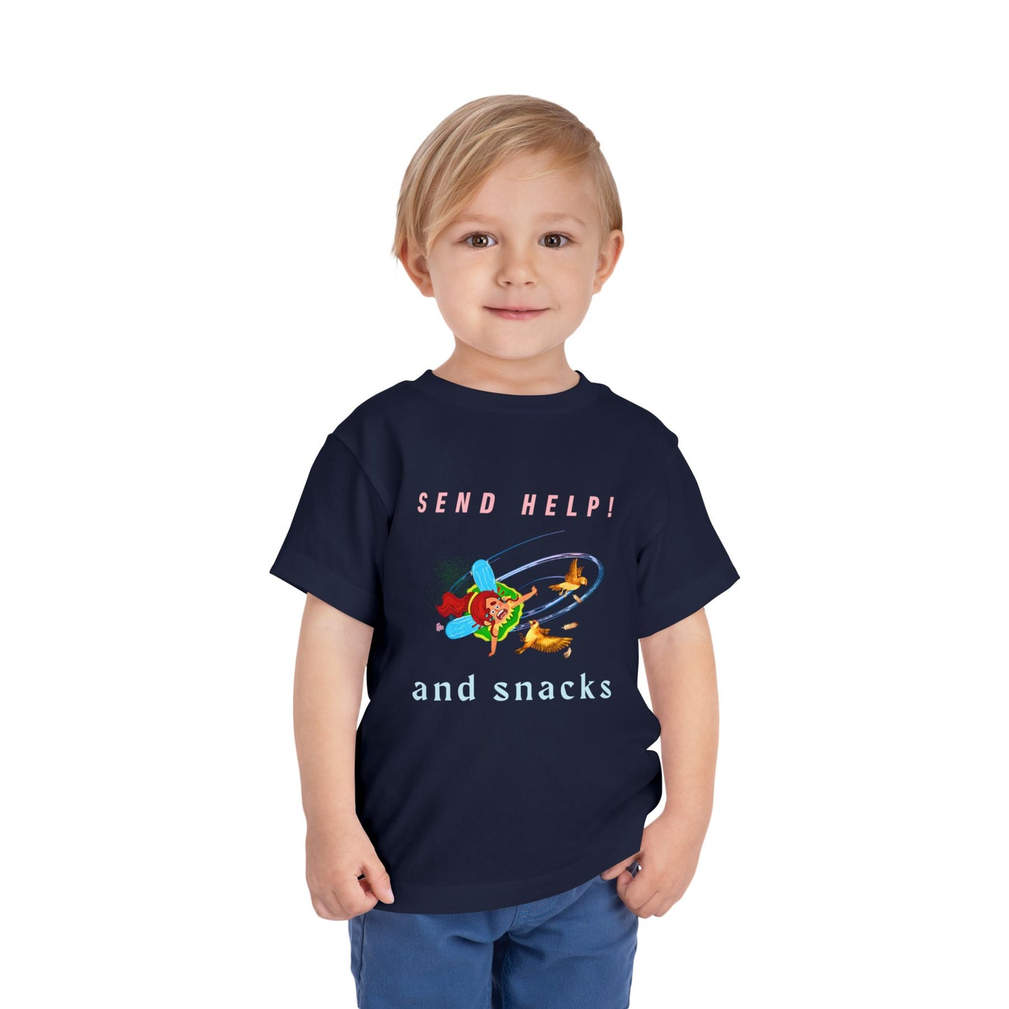 Child wearing a navy blue toddler t-shirt with a cartoon fairy colliding into birds mid-air and text 'Send Help! and snacks'