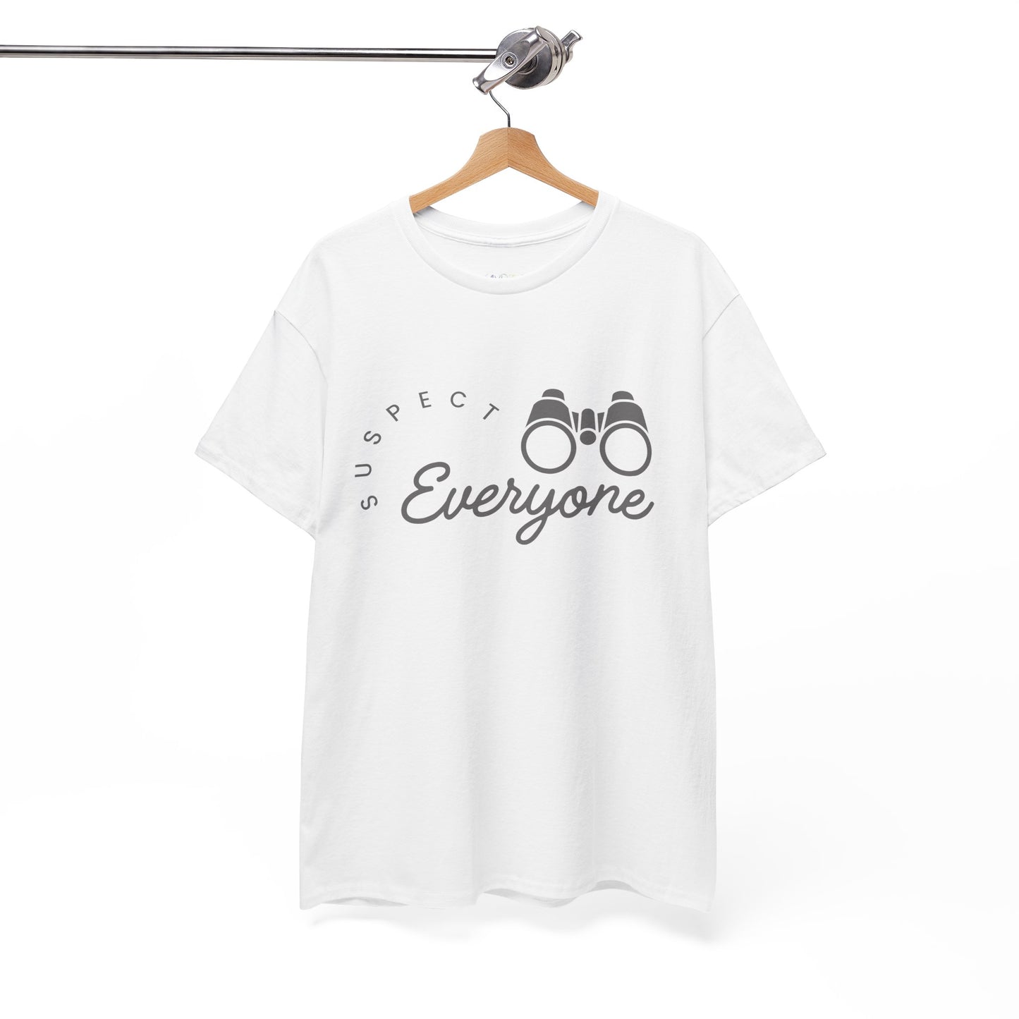 White t-shirt with 'Suspect Everyone' text and binoculars graphic 