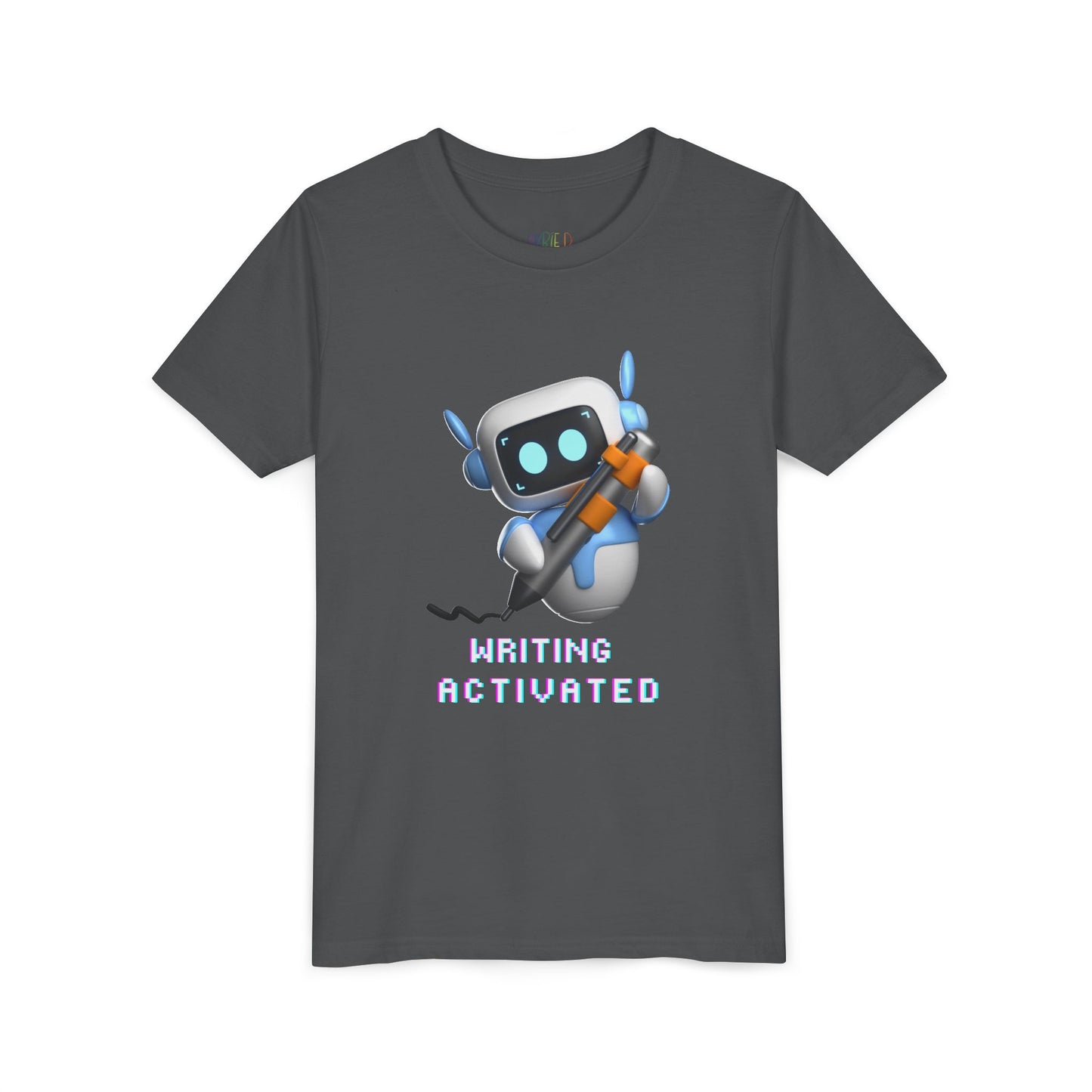 Gray t-shirt with a robot graphic and 'Writing Activated' text 