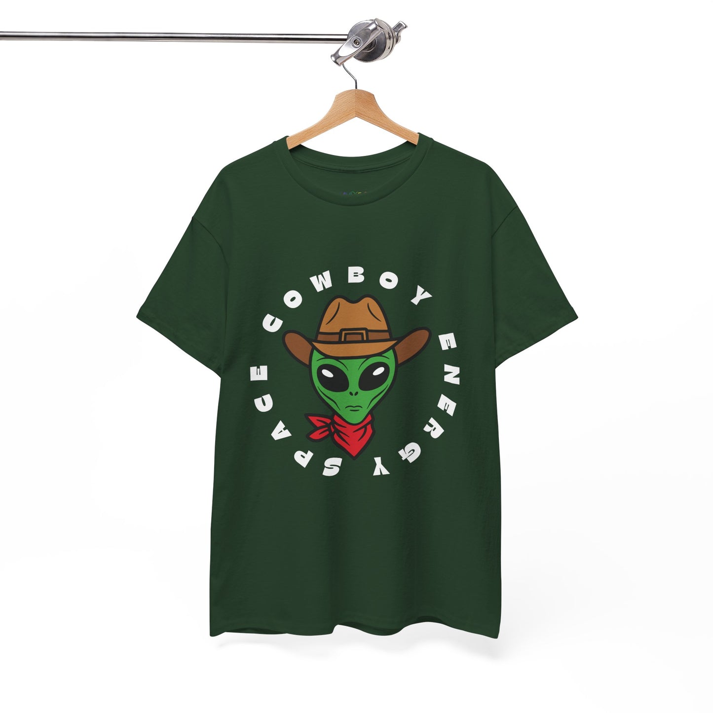 Green t-shirt with a large cowboy alien in the enter, circled by text 'Space Cowboy Energy' 