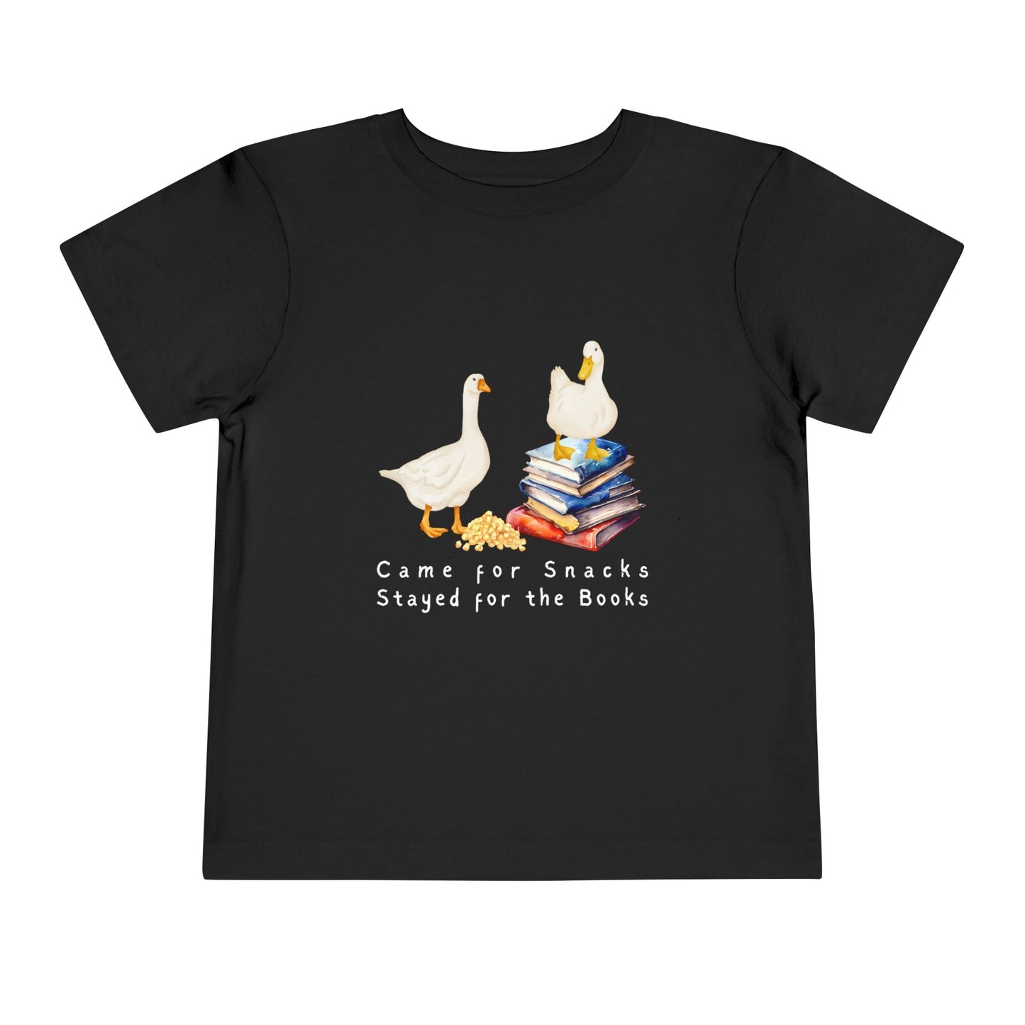 Black toddler t-shirt with cartoon ducks, books and text 'Came for Snacks, Stayed for the Books'