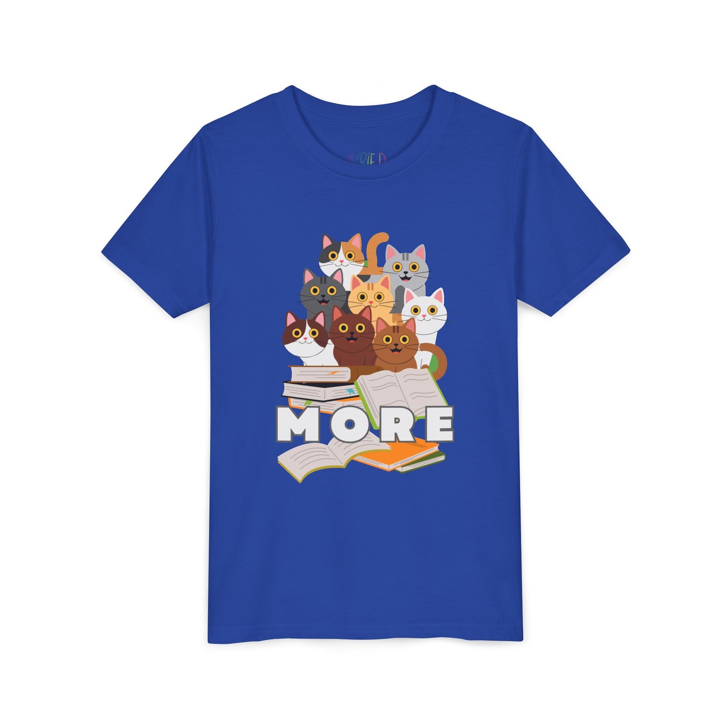 Blue t-shirt with cartoon cats, messy pile of books and 'more' text 