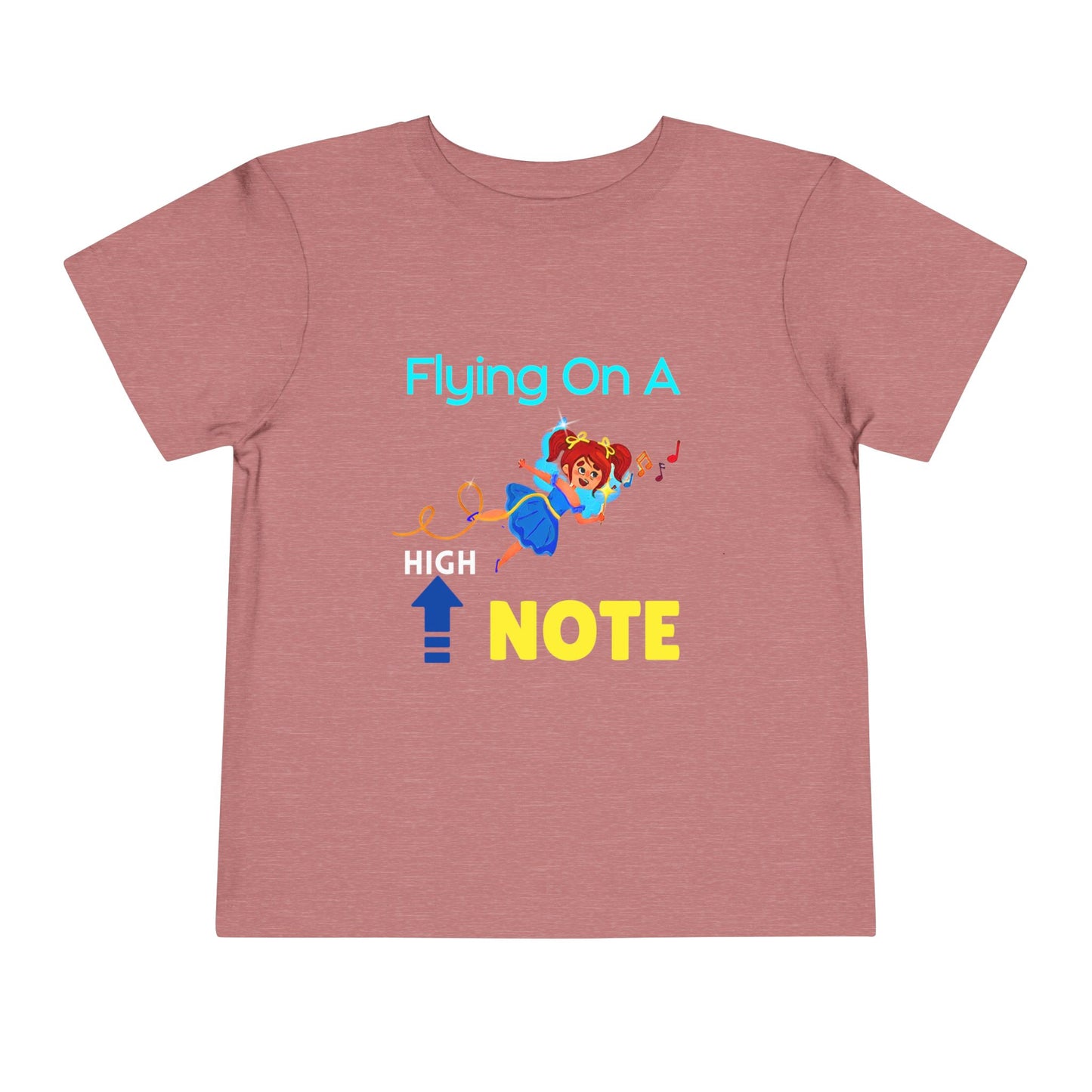 Mauve toddler t-shirt with a flying fairy graphic and playful text 'flying on a high note'
