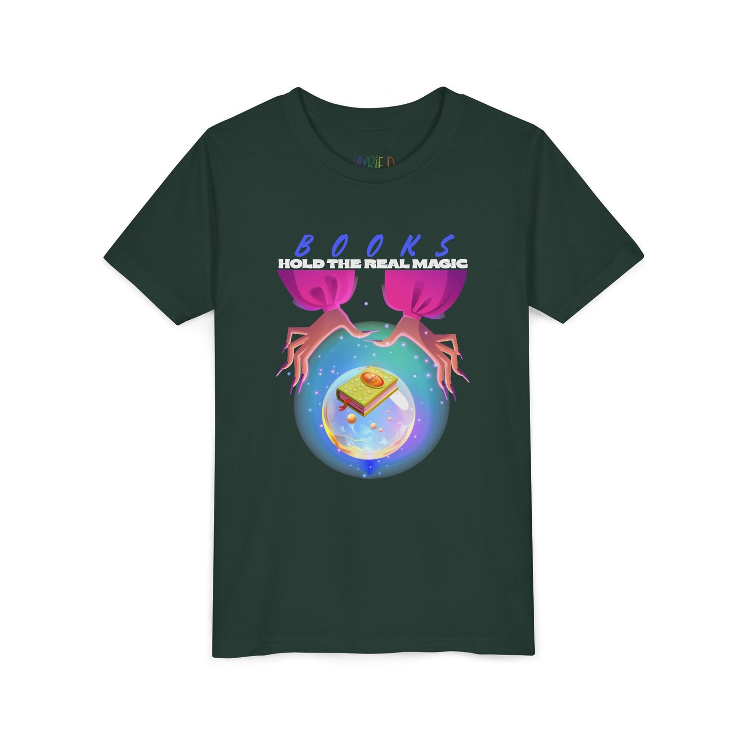 Dark green t-shirt with a hands around a crystal ball featuring a monster book and text 'Book Hold The Real Magic'