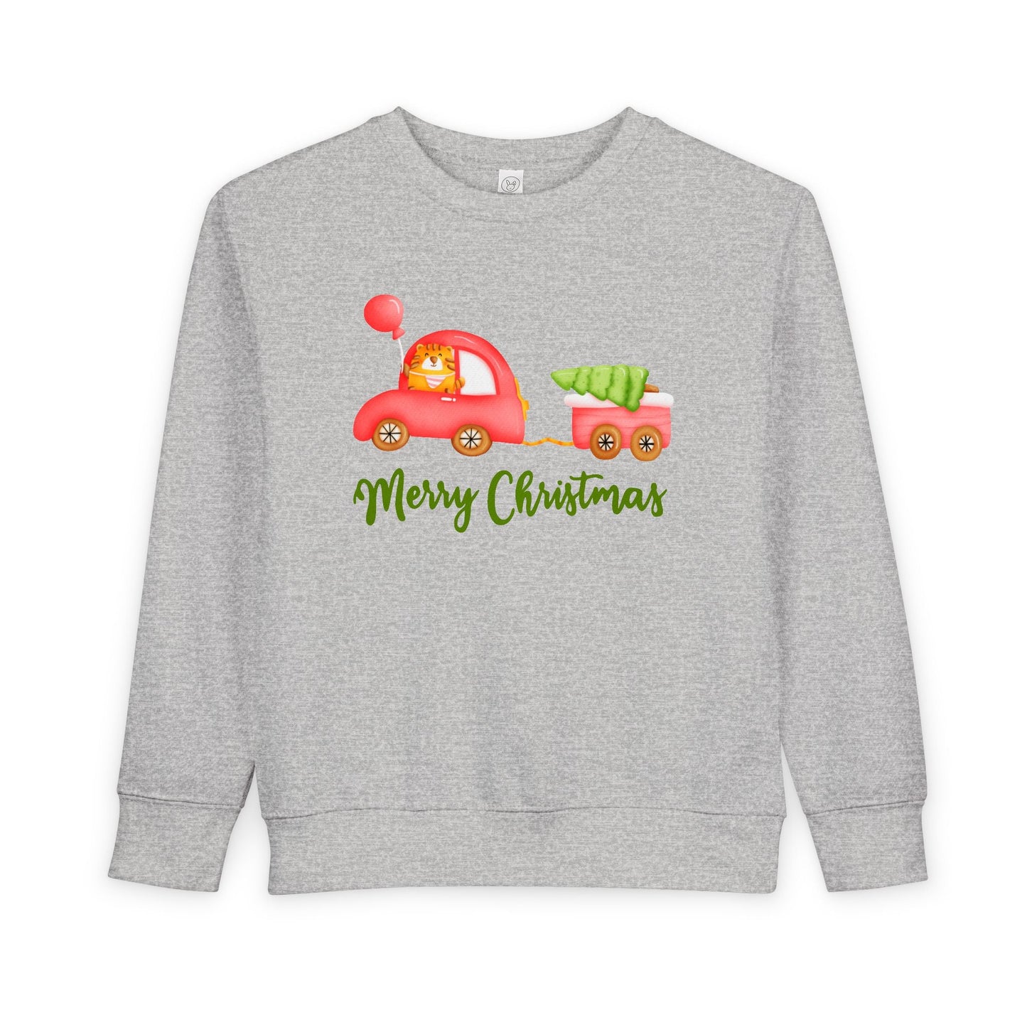 Gray toddler sweatshirt with a Christmas-themed design of a tiger driving a red car that is pulling a trailer with a tree and 'Merry Christmas' text.